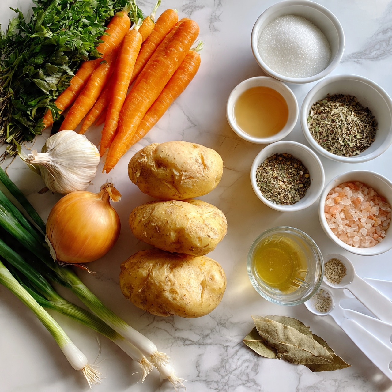 square image The image shows a white marbled surface with fresh ingredients neatly placed on it. There are five yellow potatoes stacked in the center, with a bulb of garlic to the left and an orange onion nearby. Next to the onion, there are bright orange carrots and green leafy herbs, plus green onions with white bulbs. On the right side, there are four small white bowls containing white sugar, light golden honey, mixed dried herbs, and pink Himalayan salt. There is also a small clear glass cup with a yellow liquid and three white measuring spoons filled with fine ingredients. Two bay leaves lie flat near the bowls. photo taken with an iphone --ar 4:5 --v 7