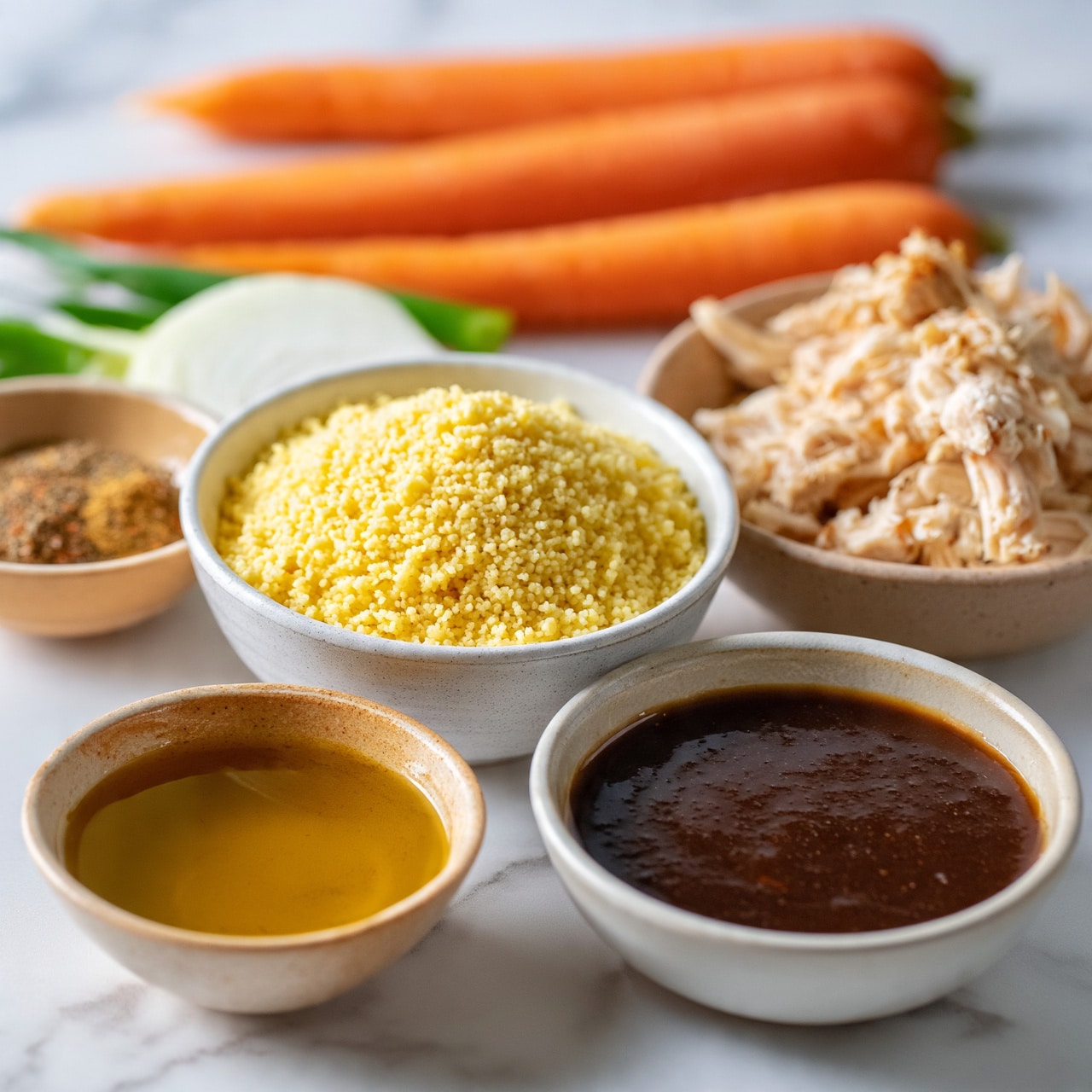 square image The image shows a white marbled surface with five bowls and three whole carrots arranged around it. The bowls include one filled with yellow couscous in the center, a bowl of shredded cooked chicken to the right, a small bowl with golden olive oil at the front left, and another bowl with thick dark brown sauce at the front right. There is also a bowl of mixed spices placed toward the back left, near a sliced white onion and some green onions, with three whole orange carrots laying horizontally above the bowls. The textures in the image are soft and natural, with the colors ranging from orange and green to yellow, white, and brown. Photo taken with an iphone --ar 4:5 --v 7