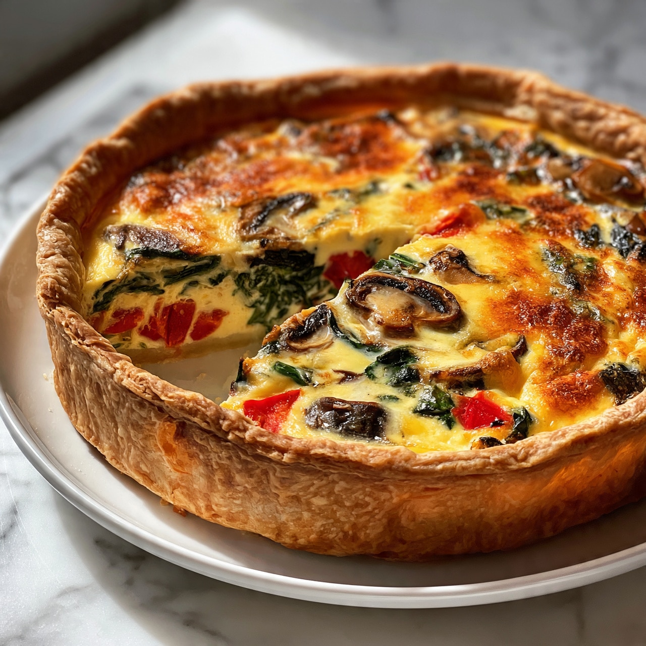 square image The image shows a round quiche with a golden brown crust on a white plate, placed on a white marbled surface. The quiche is cut to reveal layers inside: a creamy yellow egg filling with visible pieces of cooked mushrooms, green spinach, and red bell peppers spread evenly. The top layer has slightly browned spots where the ingredients peek through the custard. The crust is thick and flaky, forming a high edge around the filling. Photo taken with an iphone --ar 4:5 --v 7