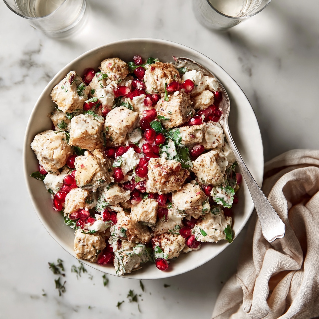 square image A white bowl on a white marbled surface filled with a salad made of large, uneven light beige chicken pieces mixed with bright red pomegranate seeds, small green leaves, and creamy white chunks of cheese, all coated lightly in a creamy dressing. A silver spoon rests inside the bowl, angled towards the edge. Nearby are two clear glasses, one partially filled with a light liquid, and a beige cloth with soft folds near the bowl. Some scattered herbs add a touch of green around the bowl. Photo taken with an iphone --ar 4:5 --v 7