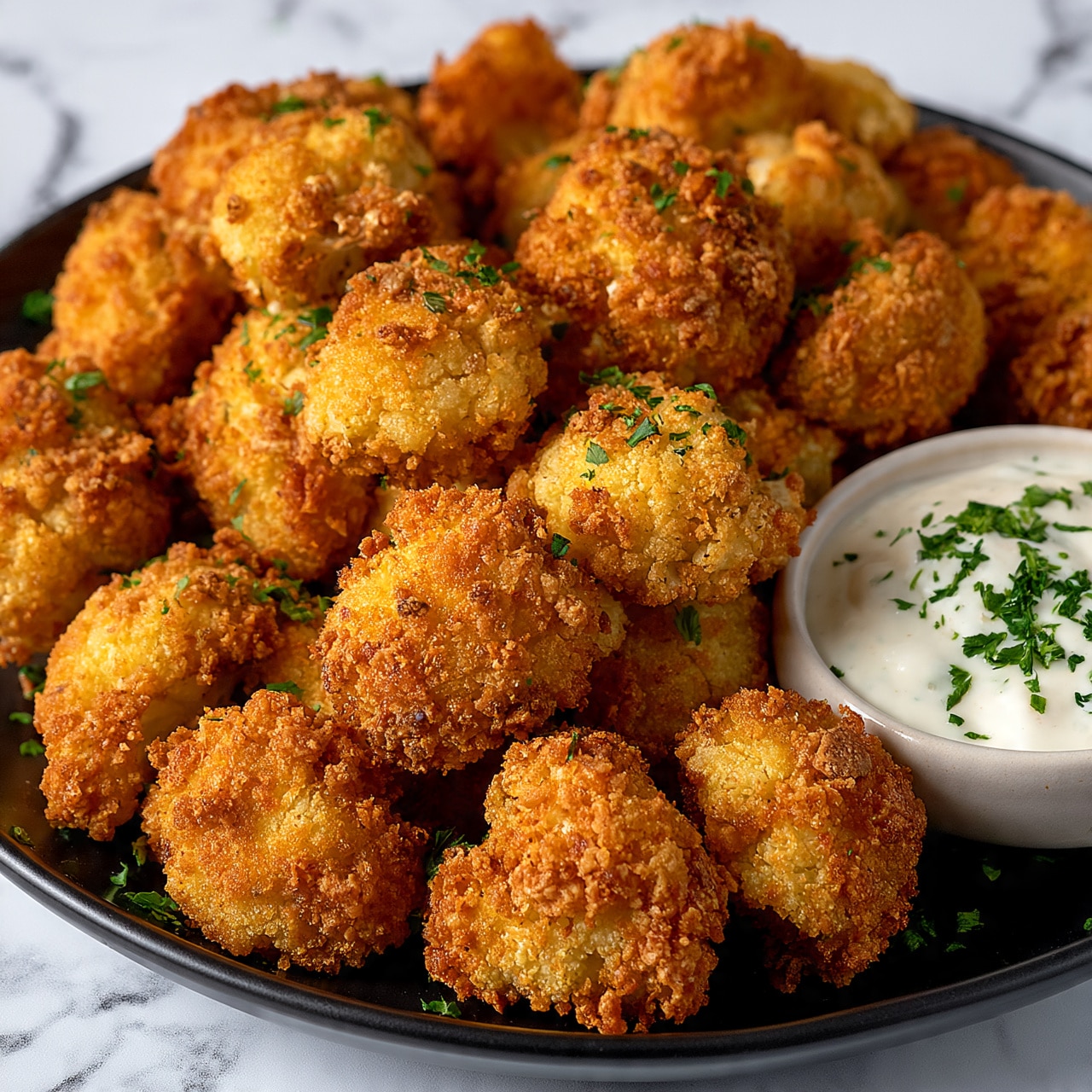 square image A close-up of a black plate filled with golden brown fried cauliflower. Each piece is crispy with a textured, slightly rough coating. On the side of the plate, there is a small round white bowl filled with creamy white dipping sauce, sprinkled with chopped green herbs. The cauliflower pieces are sprinkled lightly with fresh green herbs as well. The background is a white marbled texture. Photo taken with an iphone --ar 4:5 --v 7