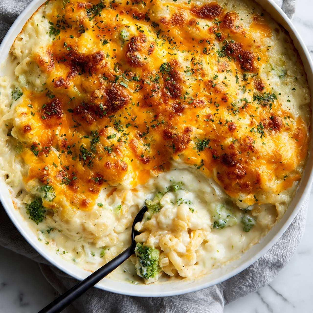 square image A large white skillet is filled with a creamy macaroni and cheese dish that has three main layers: a base layer of tender pasta mixed with small green broccoli florets covered in a thick, smooth white cheese sauce, a middle layer with melted cheddar cheese giving patches of bright yellow and orange with browned, bubbly spots, and fresh green herbs sprinkled on top adding a touch of brightness. A black spoon is partially dipped into the dish, scooping some pasta and broccoli from near the bottom, showing creamy texture beneath. The skillet rests on a soft gray cloth on a white marbled surface. Photo taken with an iphone --ar 4:5 --v 7