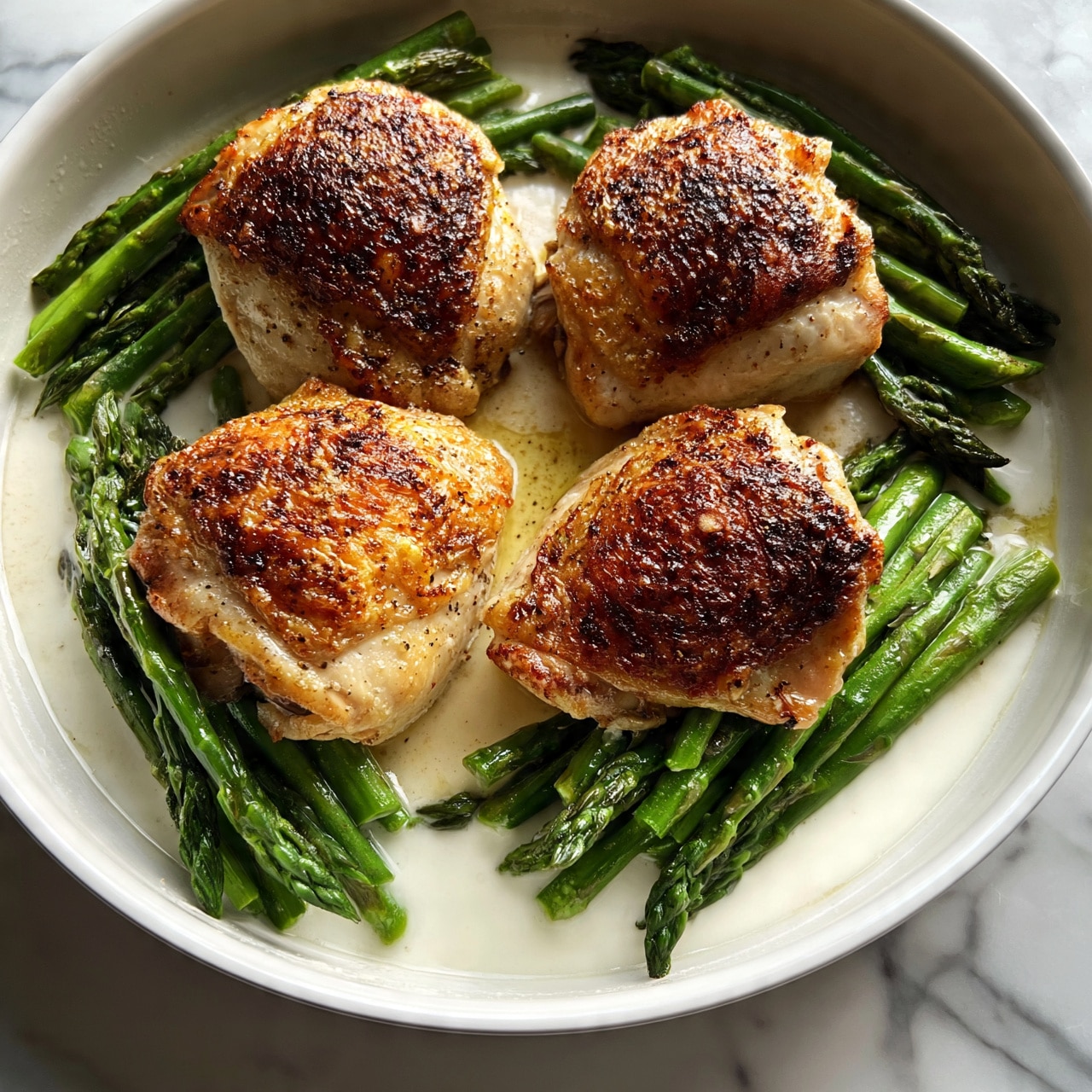 square image The image shows four pieces of cooked chicken sitting in a white pan. Each piece is golden brown with crispy skin and has green asparagus spears tucked underneath. The chicken is placed on a white creamy sauce that spreads across the pan's bottom. The asparagus adds a vibrant green color that contrasts with the golden chicken and creamy white sauce. The pan is on a white marbled surface. photo taken with an iphone --ar 4:5 --v 7