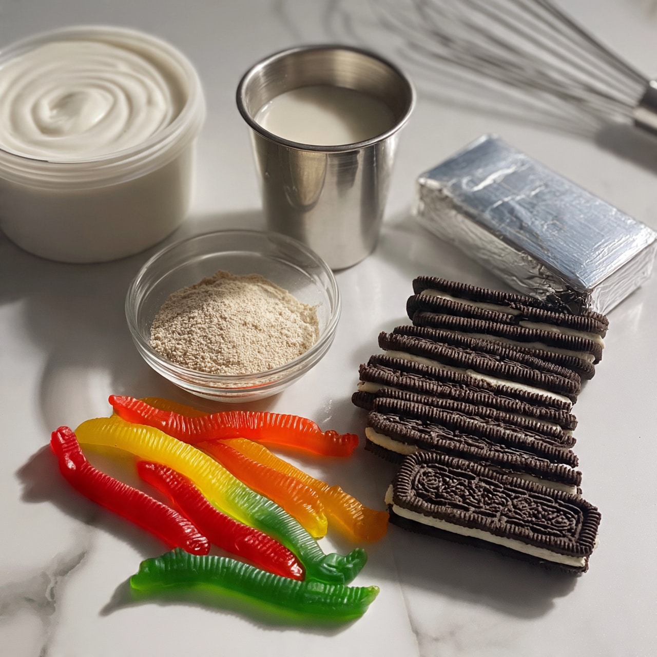 square image The image shows a white marbled surface with a container of white creamy yogurt, a silver metal cup filled with light milk, a small clear bowl filled with light brown powder, a silver wrapped block of butter, six dark brown sandwich cookies with cream filling arranged neatly, and several colorful gummy worms in red, yellow, orange, and green scattered around the front. In the background, a metal whisk is partially visible. Photo taken with an iphone --ar 4:5 --v 7