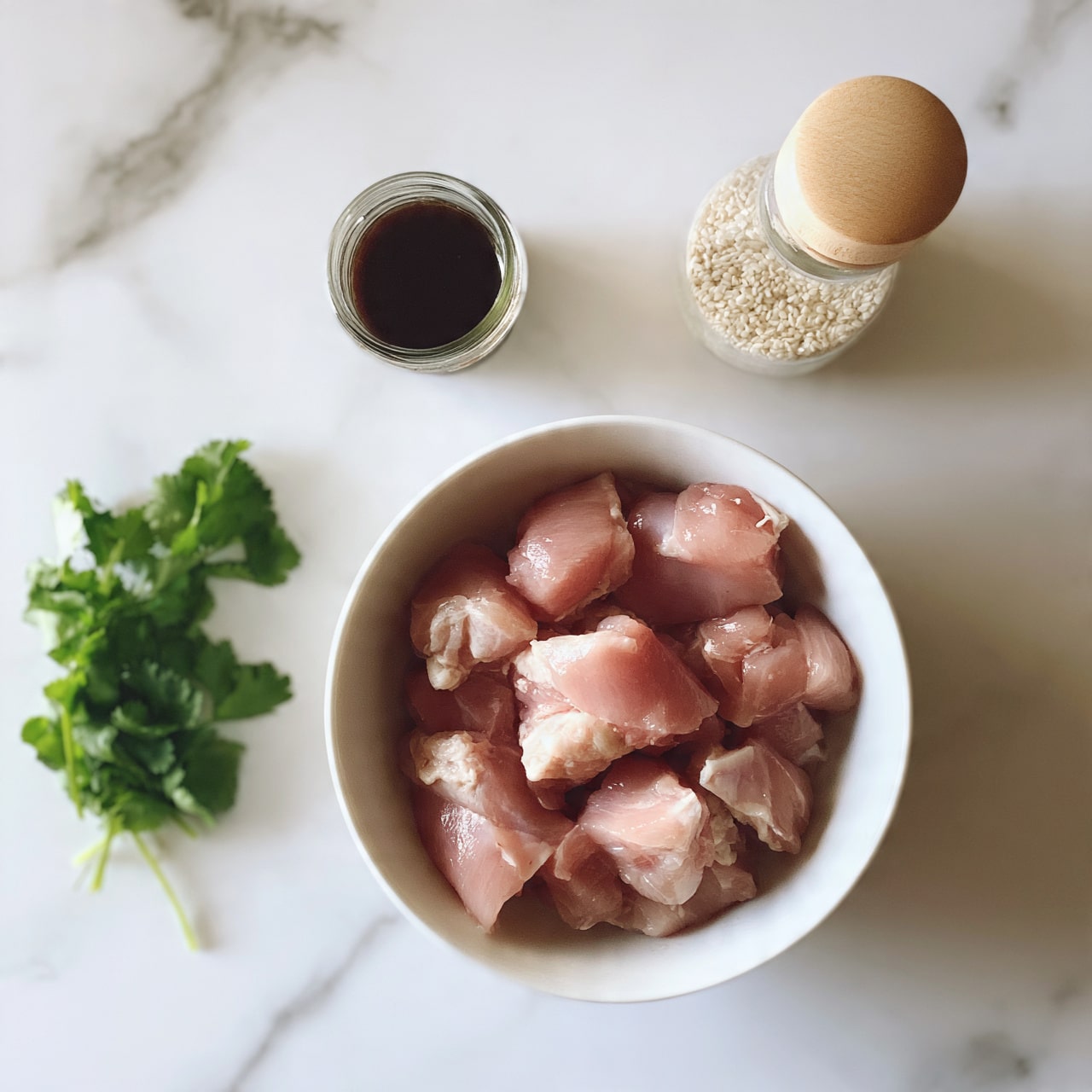 square image The image shows a white bowl filled with raw, pink chicken pieces sitting on a white marbled surface. To the left of the bowl, there is a small bunch of fresh green cilantro leaves with stems visible. Above the bowl, there is a small glass container of dark brown sauce and a clear bottle of white sesame seeds with a light wooden cap. The colors are simple and natural, with the pink of the chicken, green of the cilantro, and neutral tones of the containers against the white marbled background. photo taken with an iphone --ar 4:5 --v 7