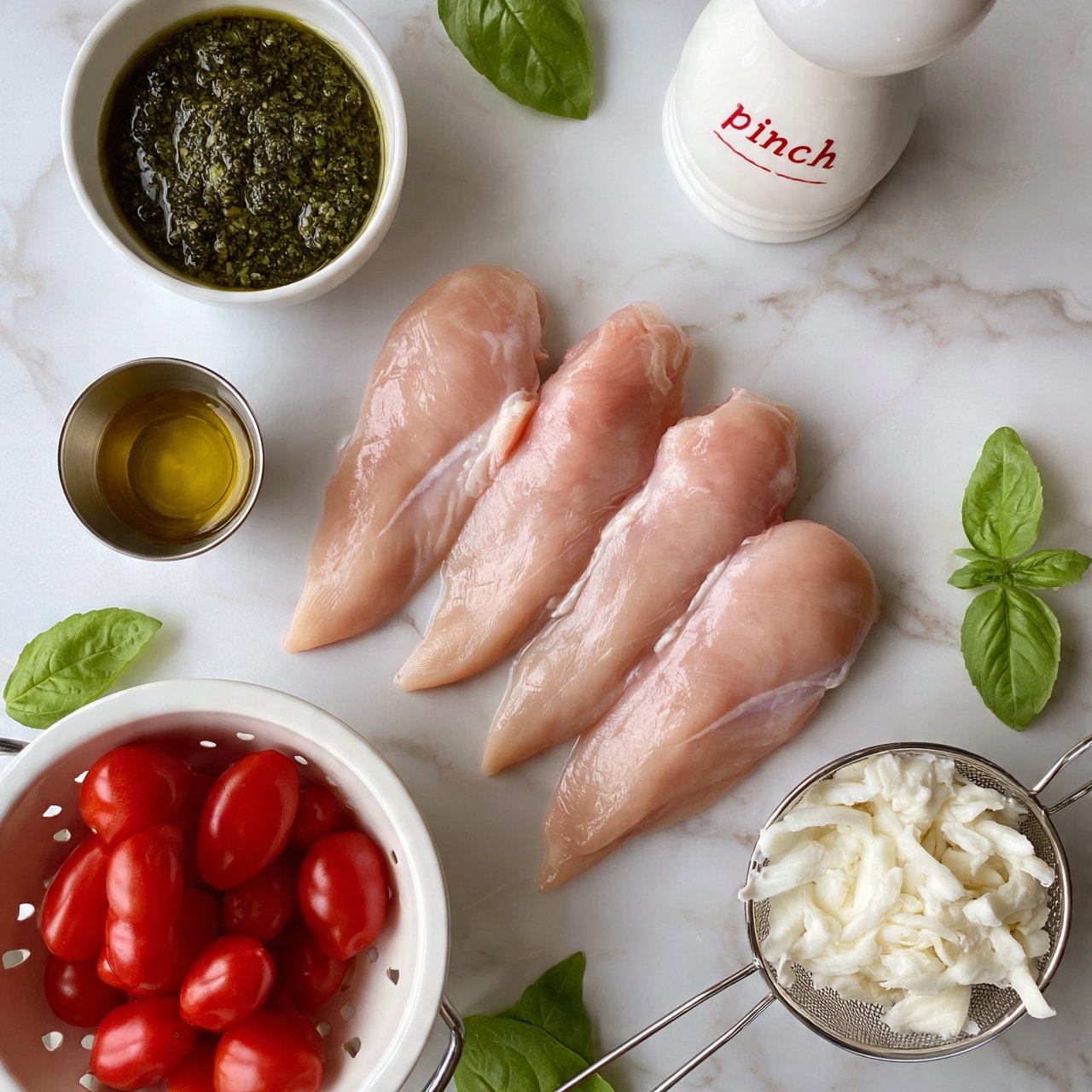square image A white marbled surface holds four raw, pale pink chicken fillets placed in a slight fan shape in the center. On the top left, there is a small white bowl filled with dark green pesto sauce with a textured, leafy look. Below it, a tiny metal cup holds golden yellow olive oil. On the bottom left, a white colander is filled with bright red grape tomatoes that look smooth and shiny. On the right side, a small metal strainer contains a pile of shredded white mozzarella cheese with a soft texture. Fresh green basil leaves are scattered around, and a white ceramic pepper grinder labeled