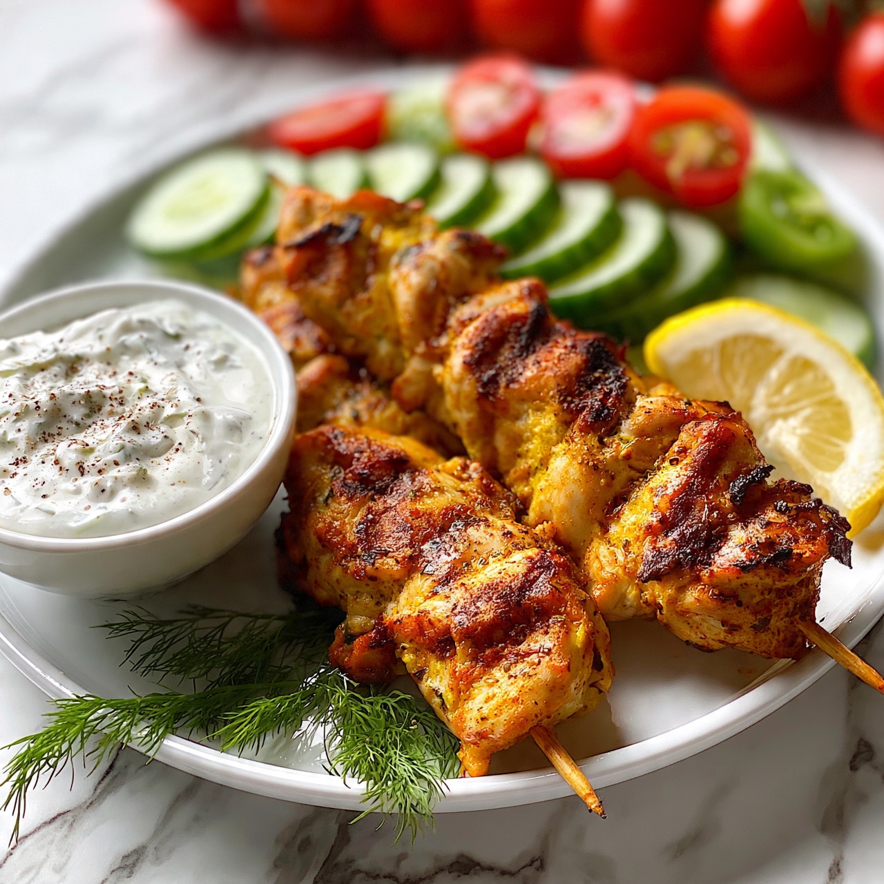 square image The image shows two grilled chicken skewers with golden brown and slightly charred pieces placed on a white plate. The chicken pieces have grill marks and a textured, seasoned surface. Behind the skewers, there are slices of cucumber and halved cherry tomatoes with bright red and green colors arranged neatly. A lemon wedge is placed next to the vegetables, and a small white bowl filled with a white creamy dipping sauce with herbs and pepper is positioned on the left side of the plate. Fresh dill sprigs are placed under the skewers near the bottom, adding a green touch. The scene is set on a white marbled surface with a bunch of fresh tomatoes in the background. Photo taken with an iphone --ar 4:5 --v 7
