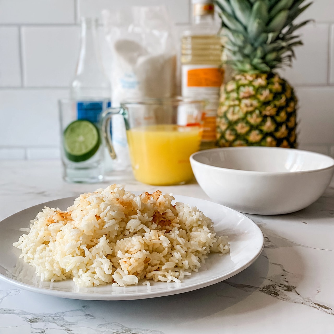 square image A white plate holds a pile of cooked rice with some light brown toasted bits on top. Next to the plate is a white bowl empty on a white marbled countertop. Behind the plate, there is a glass measuring cup full of bright yellow liquid, likely pineapple juice, with a whole pineapple standing to its right. To the left of the pineapple juice are a clear glass filled with a green lime slice and another clear glass bottle with a blue label. Behind these, there is a white bag of real granulated sugar and a clear bottle of cooking oil with an orange label. The background is a clean white tiled wall. photo taken with an iphone --ar 4:5 --v 7