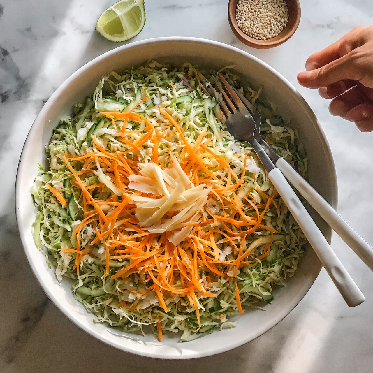 square image The image shows a large white bowl filled with a fresh salad placed on a white marbled surface. The salad has several layers: the base layer is finely shredded green cabbage mixed with thin slices of pale green cucumber. On top of this are thin, bright orange carrot strips, scattered evenly across. Small white pieces, likely onion, are mixed throughout, adding texture. There are also thin slices of white or light yellow cheese layered lightly on top. A lime wedge is placed just above the bowl, and a small brown bowl of sesame seeds sits nearby. Two white-handled forks rest inside the salad bowl, and a woman's hand is reaching towards the forks from the right side. The photo taken with an iphone --ar 4:5 --v 7