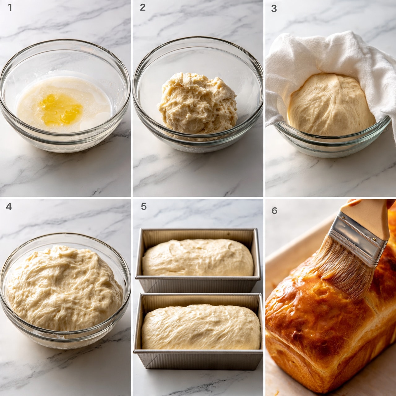 square image Six-photo collage showing dough making and baking stages on white marbled surface. Photo 1: Transparent glass bowl with a mix of milk and butter mixed in it. Photo 2: Dough ball with rough texture inside the glass bowl. Photo 3: Dough ball inside glass bowl, covered with a white cloth. Photo 4: Glass bowl with the dough risen, fluffy and smooth on top. Photo 5: Two metal loaf pans with stretched dough shaped to fit inside each pan. Photo 6: Close-up of golden brown baked bread being brushed with a shiny glaze. Photo taken with an iphone --ar 4:5 --v 7