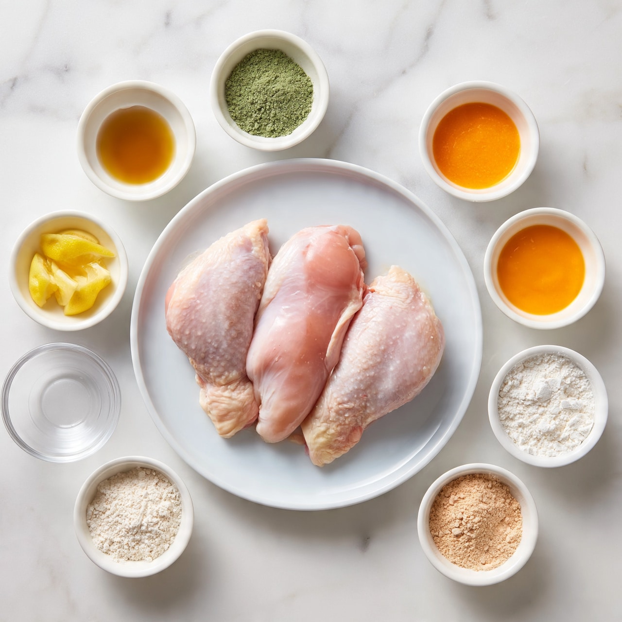 square image A white plate holds three raw chicken pieces with a smooth pink texture. Around the plate, there are six small white bowls and one small transparent bowl, all placed on a white marbled surface. The bowls contain various ingredients: a golden-brown liquid, a green powder, yellow lemon wedges, orange sauce, white flour, and a light brown powder. The setup is clean and organized, showing a preparation stage for cooking. Photo taken with an iphone --ar 4:5 --v 7