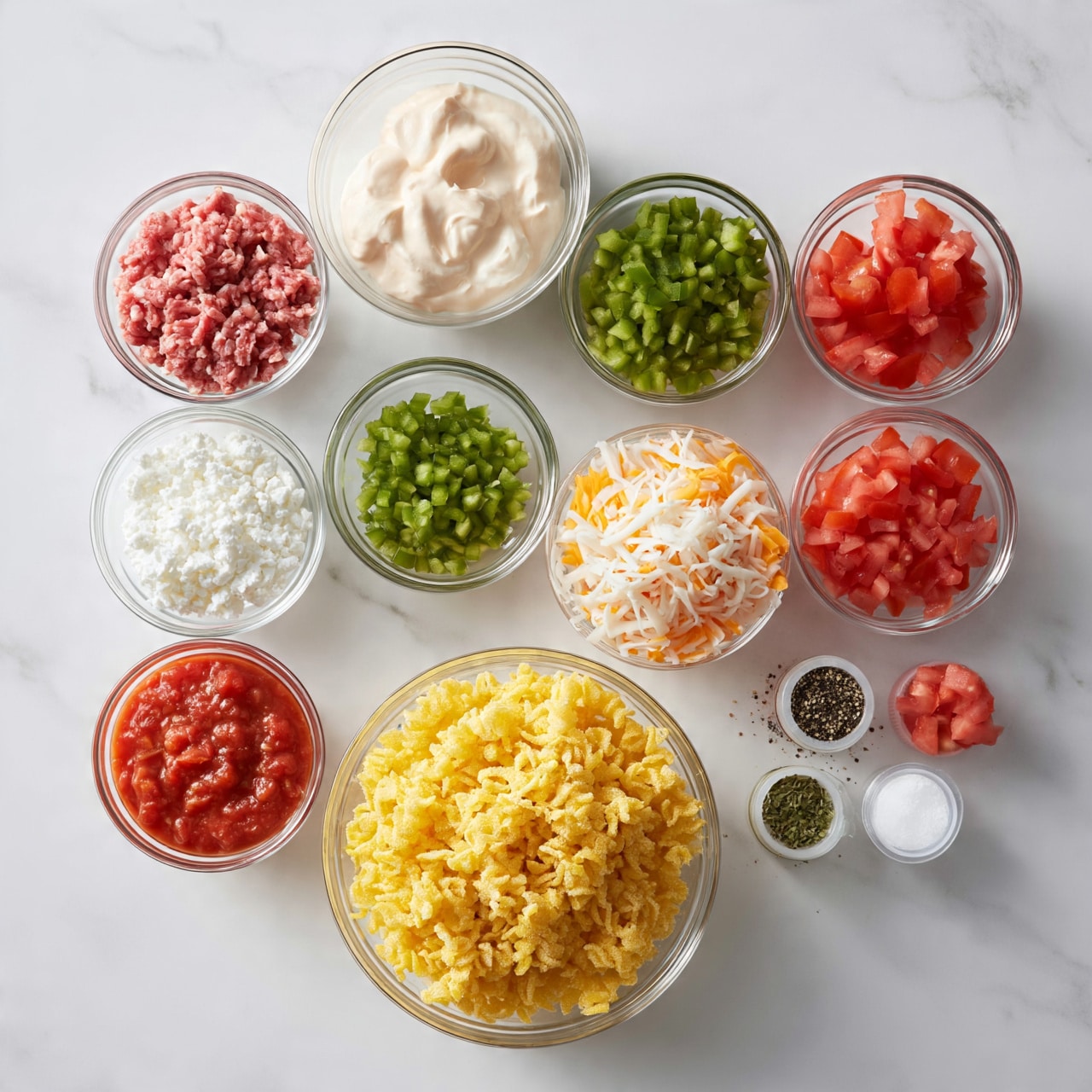 square image The image shows a white marbled surface with ten clear glass bowls arranged neatly. At the center bottom, the largest bowl holds yellow uncooked pasta with a rough texture. Above and around it, medium bowls contain raw ground meat in pink, cream-colored sour cream, finely chopped green peppers, shredded white and orange cheeses, and diced red tomatoes. Smaller bowls hold white crumbled cheese, tomato sauce, chopped tomatoes, and small containers with black pepper, dried green herbs, and salt. The bowls are evenly spaced, and the scene looks clean and bright, with natural lighting. Photo taken with an iphone --ar 4:5 --v 7