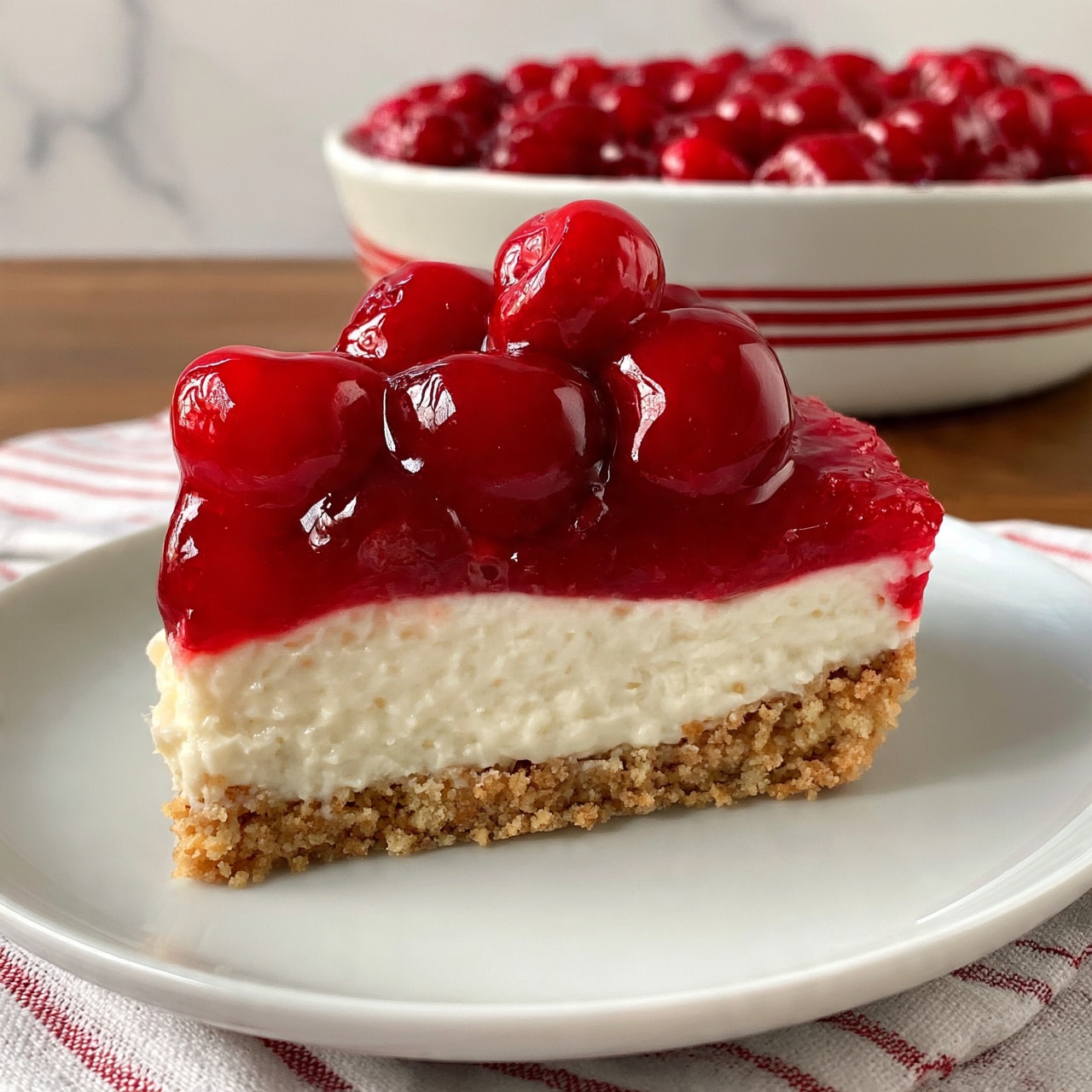 square image A square piece of dessert on a white plate shows three clear layers: a bottom light brown, crumbly crust, a thick middle layer of smooth, creamy white filling, and a top layer of bright red cherry topping with whole cherries in shiny syrup, glossy and rich, piled slightly uneven. In the background, a larger white dish with two red stripes holds the rest of the dessert filled to the top with the same cherry layer. The setting is on a wooden table, with a white marble texture changed in the background. A striped white and red cloth is partly visible near the plate. Photo taken with an iphone --ar 4:5 --v 7