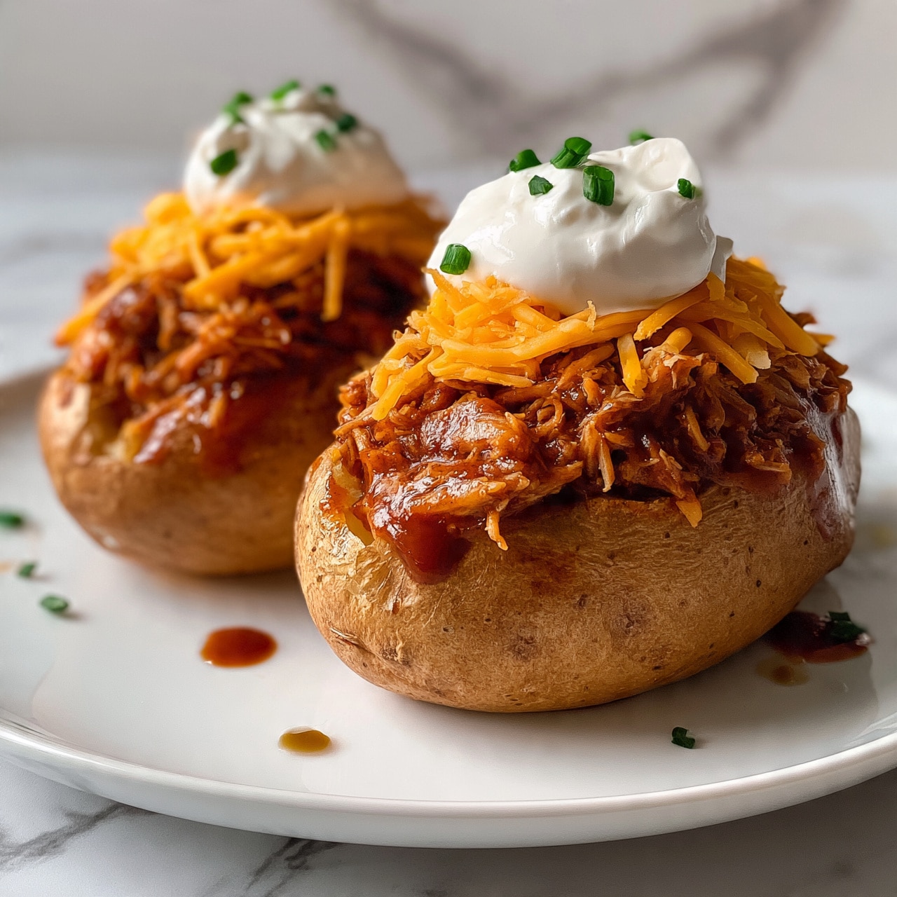 square image Two baked potatoes are placed side by side on a white plate over a white marbled background. Each potato is split open and filled with shredded, reddish-brown saucy pulled meat as the first layer. On top of the meat, bright orange shredded cheese is sprinkled, adding texture and color contrast. Each potato has a dollop of white sour cream on top, garnished with small chopped green chives. Some drops of sauce and a few scattered chives decorate the plate around the potatoes. Photo taken with an iphone --ar 4:5 --v 7
