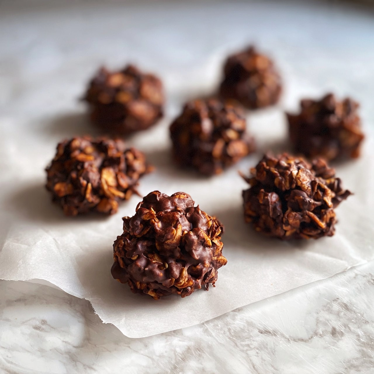 square image Several small, round clusters of dark brown oats mixed with chocolate are placed on white parchment paper, which lies on a white marbled textured surface. The clusters have a rough, bumpy texture from the oats and chocolate mixture, and they are arranged loosely with some in the front in clear focus and others blurred in the background. The overall look is rustic and homemade, with the dark color of the chocolate contrasting against the lighter oat flakes visible in each cluster. Photo taken with an iphone --ar 4:5 --v 7