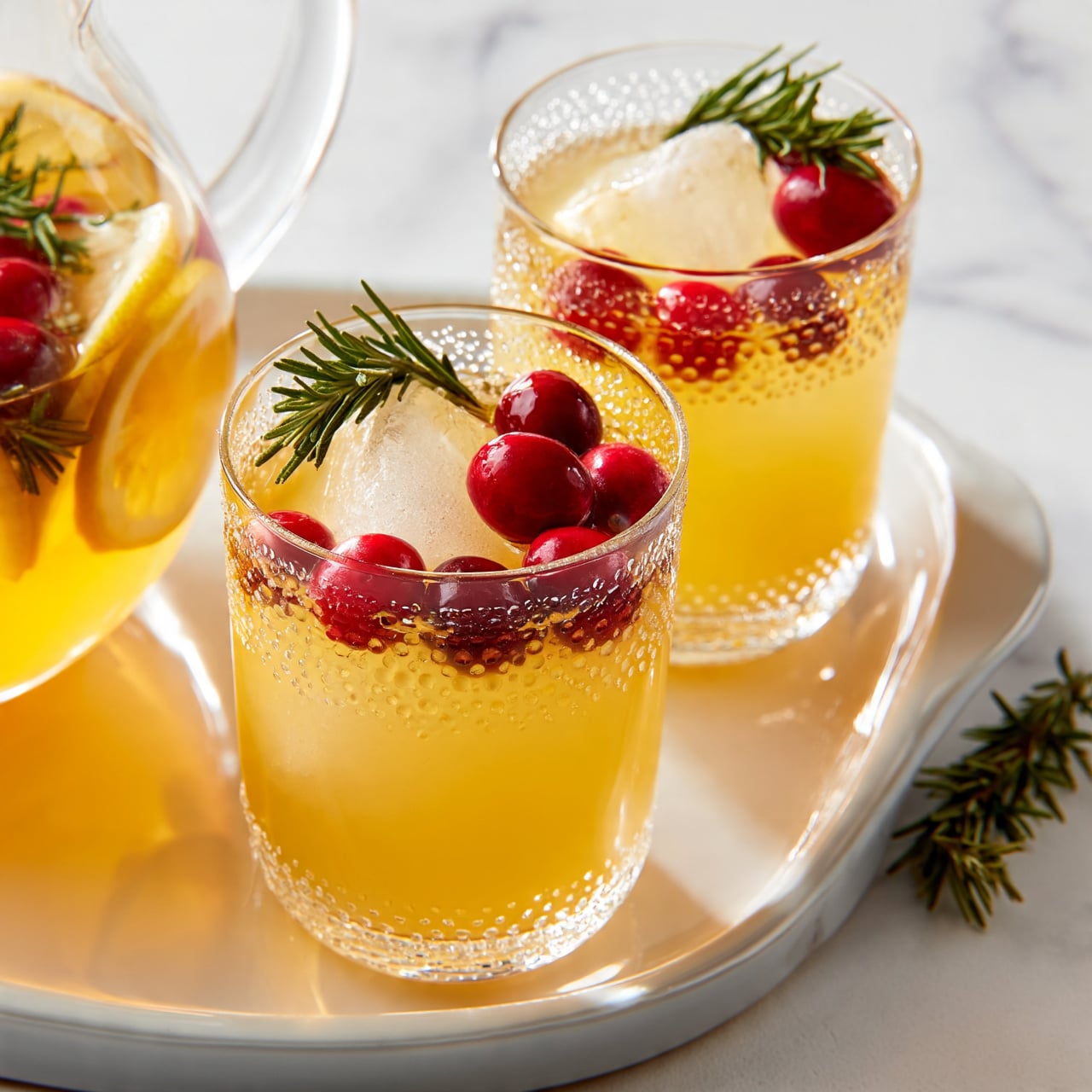 square image The image shows two clear glasses filled with a light yellow-orange drink, each glass topped with a large ice cube, several bright red cranberries, and a small green rosemary sprig resting on the ice near the rim. The glasses have a textured dotted pattern around the upper edge. They are placed on a shiny white tray with a curved handle on one side, and to the right of the glasses, there is an extra small rosemary sprig. Part of a clear pitcher filled with the same yellow-orange drink, lemon slices, cranberries, and rosemary is visible to the left. The background is a white marbled surface. photo taken with an iphone --ar 4:5 --v 7