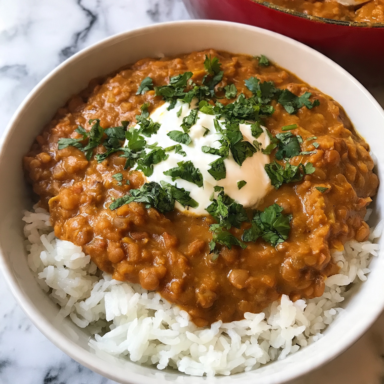 square image A white bowl filled with two main layers: the bottom layer is white rice with individual grains visible, and on top is a thick lentil curry layer with a rich orange-brown color and soft texture with small lentils visible throughout. There is a dollop of white cream or yogurt placed in the middle of the curry, topped with fresh green chopped cilantro leaves scattered on top. The bowl is placed on a white marbled surface, and part of a red pot with curry inside is visible near the top right. photo taken with an iphone --ar 4:5 --v 7
