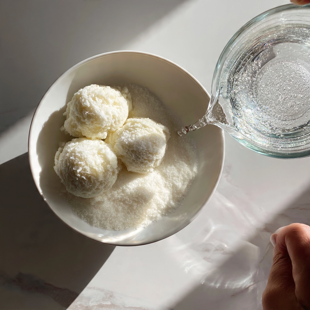 square image A white bowl holds several scoops of white sugar with a slightly grainy texture, positioned on the left side and partially covering the bottom. A glass measuring cup with a clear, sparkling liquid is pouring water into the bowl from the lower right corner. The scene is set on a white marbled surface with soft shadows around the bowl and the woman's hand holding the measuring cup is visible in the bottom right corner. Photo taken with an iphone --ar 4:5 --v 7