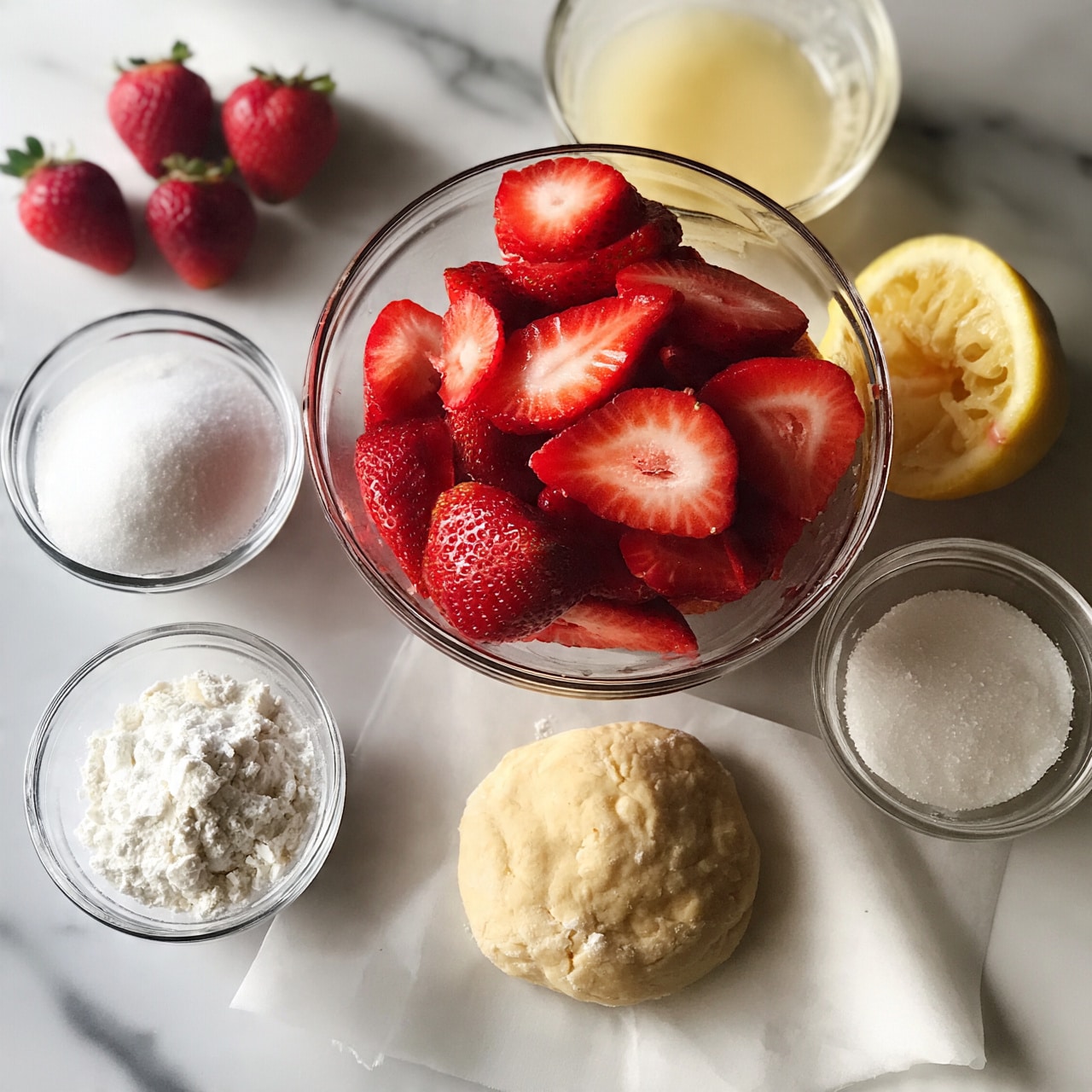 square image The image shows a clear glass bowl filled with bright red, sliced strawberries, each piece showing white centers and seeds. Around this central bowl, smaller clear glass bowls hold white powdery substances: one with white sugar, another with white flour-like powder, and a third with white granules likely salt. There is a bowl with a light yellow liquid, possibly lemon juice, next to a halved lemon with visible juice marks. A round, pale beige dough piece rests on white parchment paper below these bowls. Five whole strawberries with green tops are placed near the upper left corner. All items are arranged on a white marbled background. photo taken with an iphone --ar 4:5 --v 7