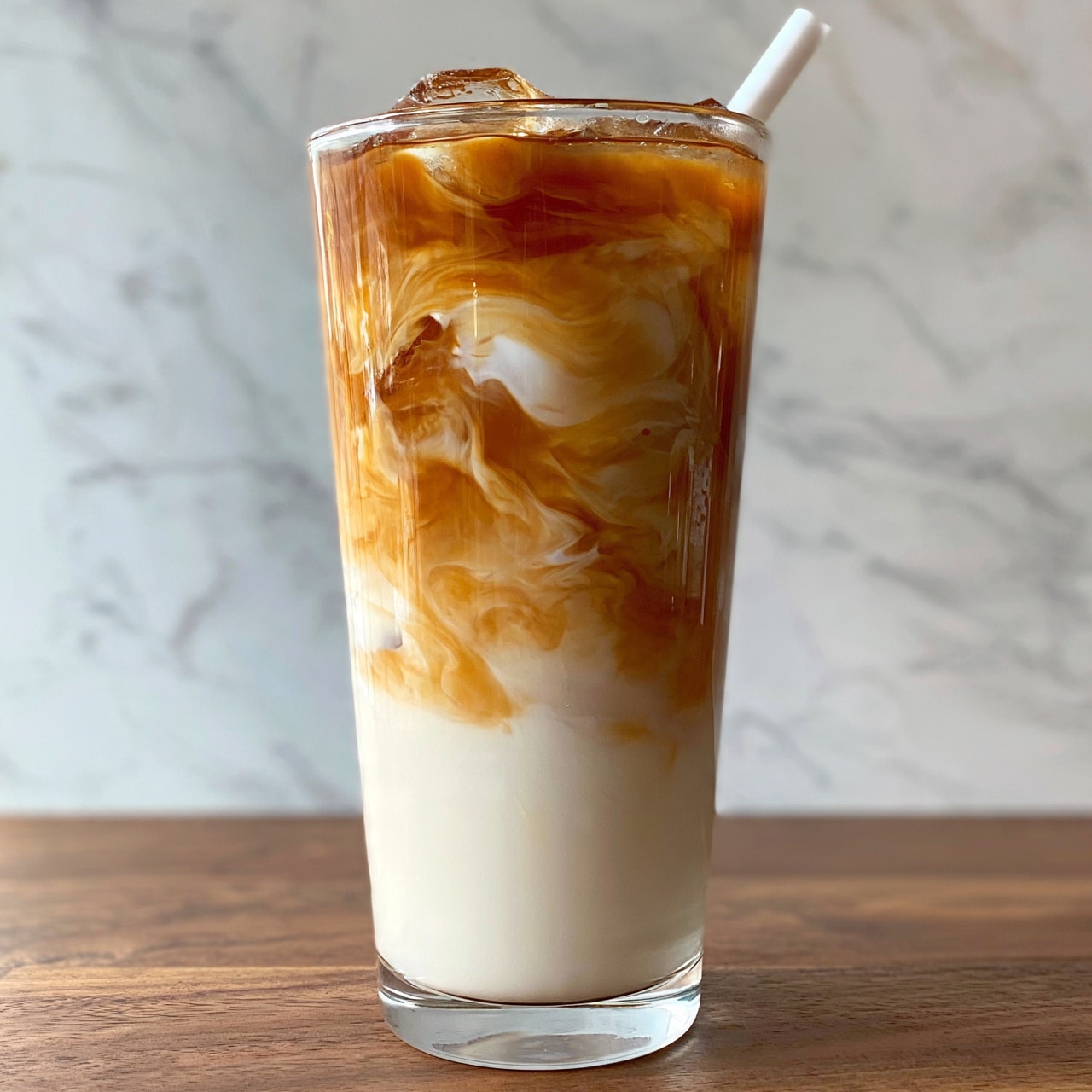 square image A tall clear glass filled with iced milk tea, showing a smooth gradient from creamy white at the bottom to a rich caramel-brown at the top. Ice cubes float near the top, partly covered by the tea’s marbled swirls. A white straw sticks out from the glass, which sits on a wooden surface, with a blurred plant and wall in the background replaced by a white marbled texture. Photo taken with an iphone --ar 4:5 --v 7