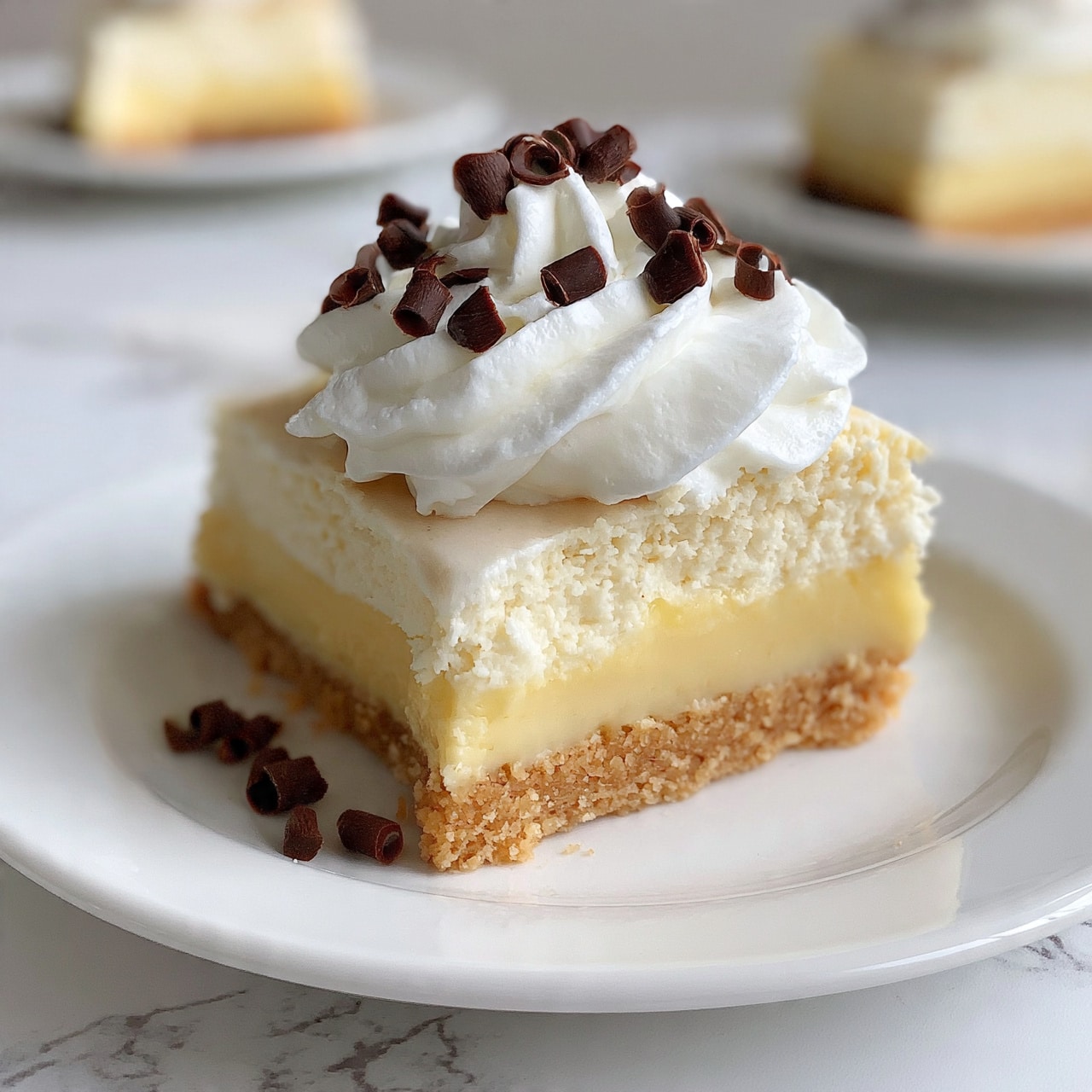 square image A white plate with a slice of creamy layered dessert is set on a white marbled surface. The dessert has three layers: a crumbly light brown crust at the bottom, a thick pale yellow custard-like middle layer, and a light cream-colored top layer. On the very top, there is a generous swirl of white whipped cream decorated with small dark brown chocolate curls. Some chocolate curls are also scattered on the plate near the dessert. In the blurred background, there are other slices of the same dessert on white plates on the white marbled surface. Photo taken with an iphone --ar 4:5 --v 7