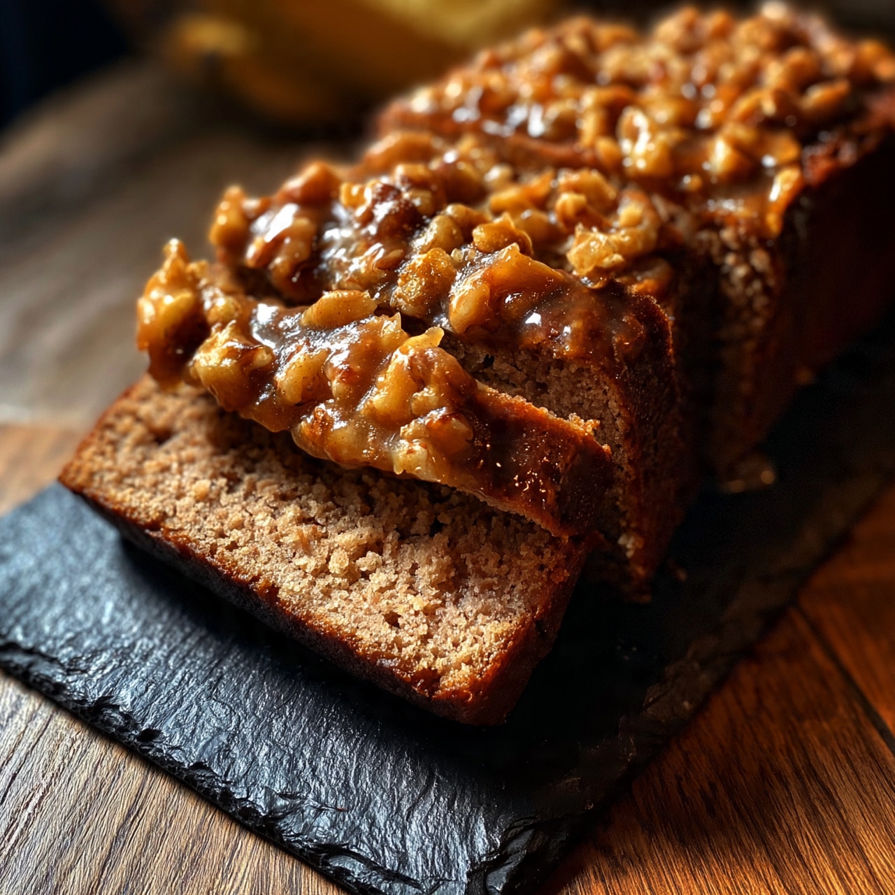 square image A loaf of bread is sliced into several thick pieces, each slice showing a dark brown crust with a soft, lighter brown inside. The top of the loaf is covered with a sticky layer of caramel-colored glaze mixed with unevenly spread chunks of walnuts. The bread rests on a textured black slate board, placed on a wooden surface, with a blurry banana in the background. The overall look is warm and rich with a focus on the glossy nut topping and dense bread. photo taken with an iphone --ar 4:5 --v 7