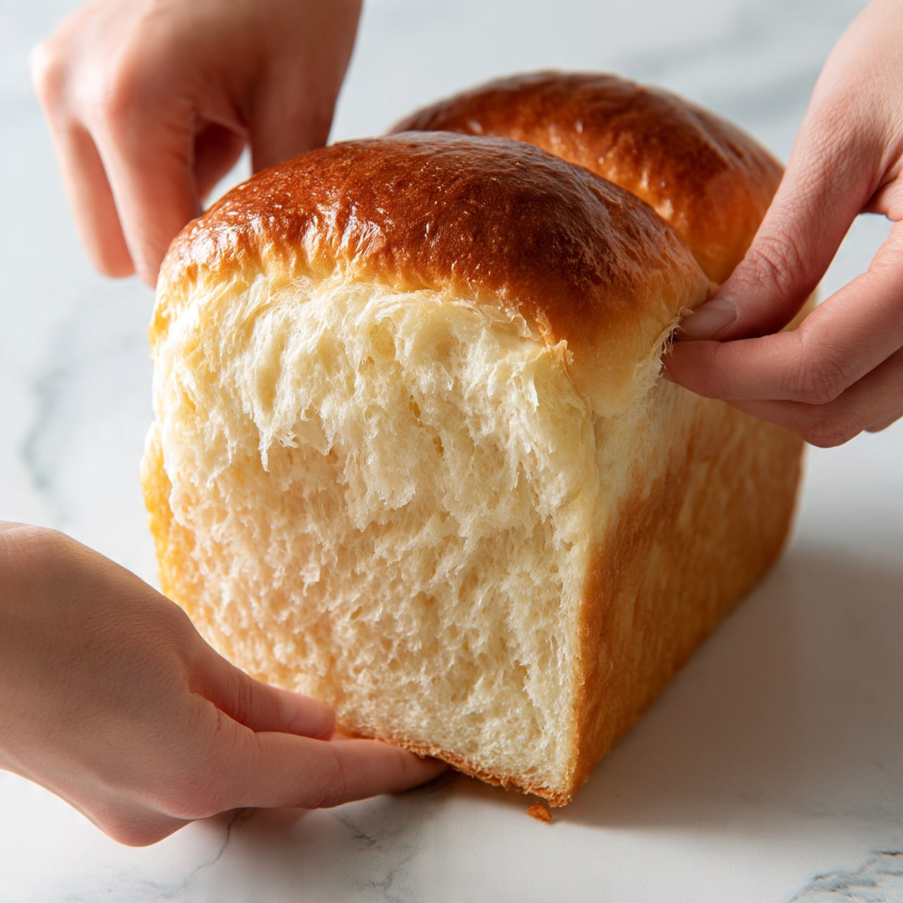 square image The image shows a close-up of a soft, fluffy loaf of bread being pulled apart by a woman's hand from both sides. The bread has a shiny, golden-brown crust on the outside, with a light, creamy, and airy inside that looks tender and soft. One woman's hand is holding the bottom part gently, while the other woman's hand is pulling the top part away, showing the stretchiness of the bread. The background features a white marbled texture, adding a clean and fresh look to the scene. Photo taken with an iphone --ar 4:5 --v 7