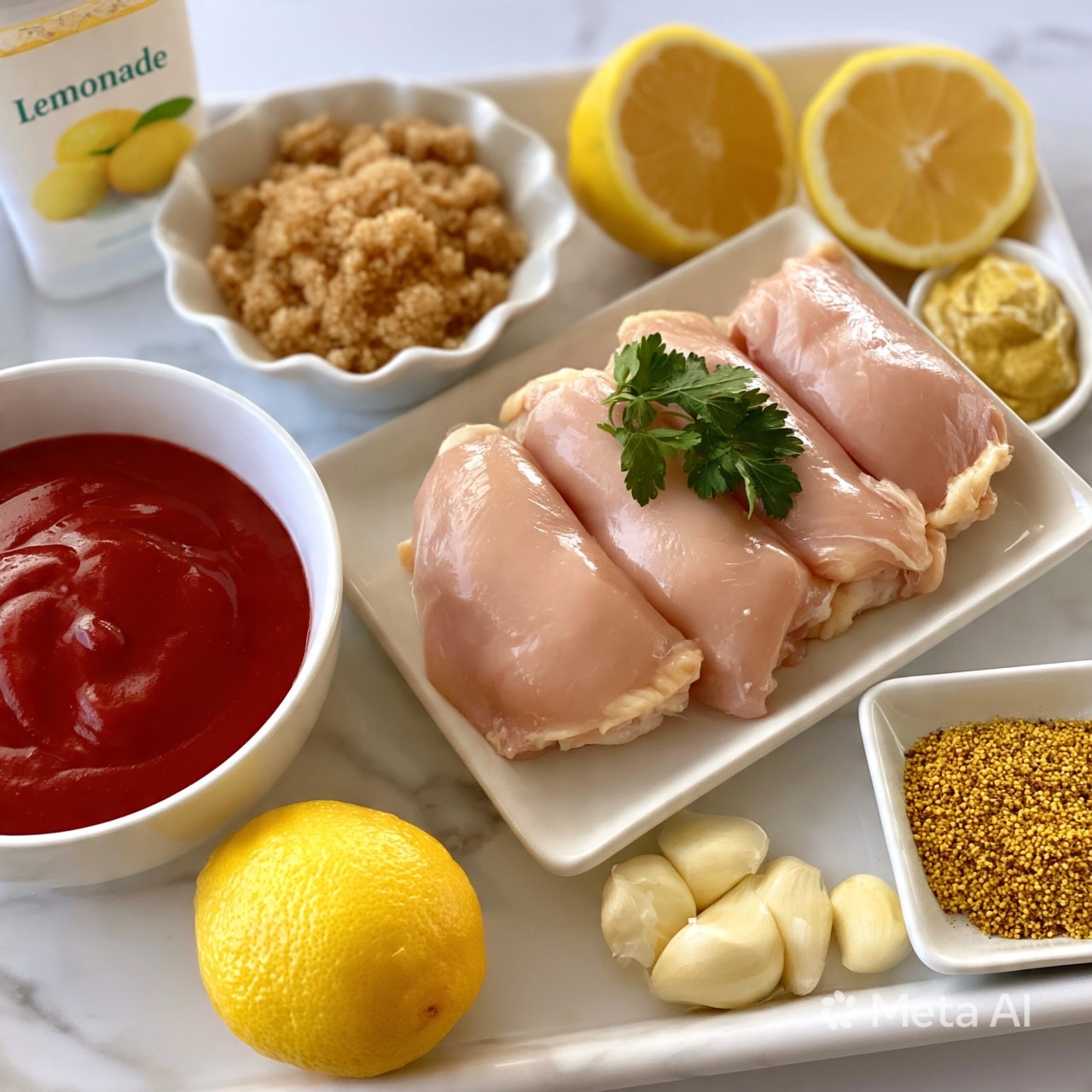 square image The image shows four pale pink raw chicken pieces neatly placed on a small white rectangular plate, topped with a sprig of fresh green parsley. To the left of the plate, there is a white round bowl filled with smooth, thick red sauce and above it, a white scalloped bowl holding crumbly brown sugar. Also visible are two bright yellow halved lemons, a whole lemon with smooth skin, a few cloves of garlic, mustard in a small white square bowl, and a small white dish with a yellow-brown spice mix. In the top left corner, there is a white container labeled