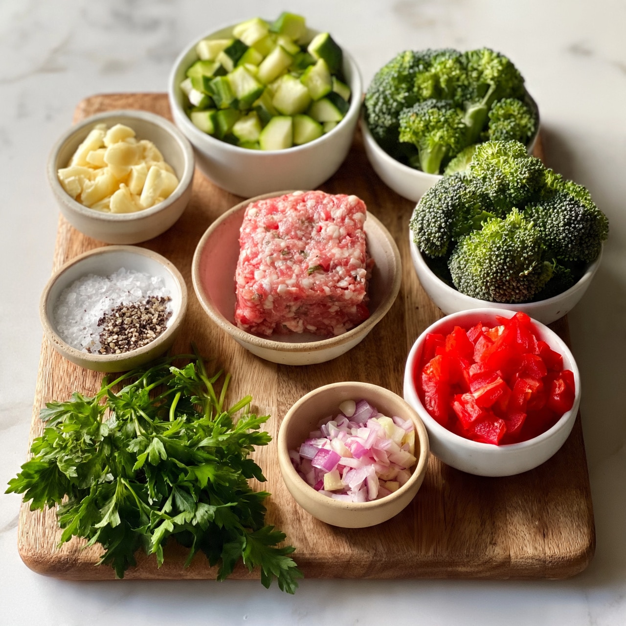square image A wooden board holds seven white and beige ceramic bowls with fresh ingredients. In the center is a bowl with a square piece of raw ground meat, speckled pink and white. Surrounding it clockwise are a small bowl of chopped garlic with creamy pale yellow pieces, a small bowl half-filled with coarse salt and cracked black pepper, a bunch of fresh green parsley with jagged leaves on the board, a white bowl full of green and white chopped zucchini, a white bowl with fresh broccoli florets with detailed tiny buds, a white bowl filled with bright red chopped bell peppers, and a beige bowl containing small chopped pieces of purple and white onion. The scene is set on a flat, white marbled surface under soft natural light, photo taken with an iphone --ar 4:5 --v 7