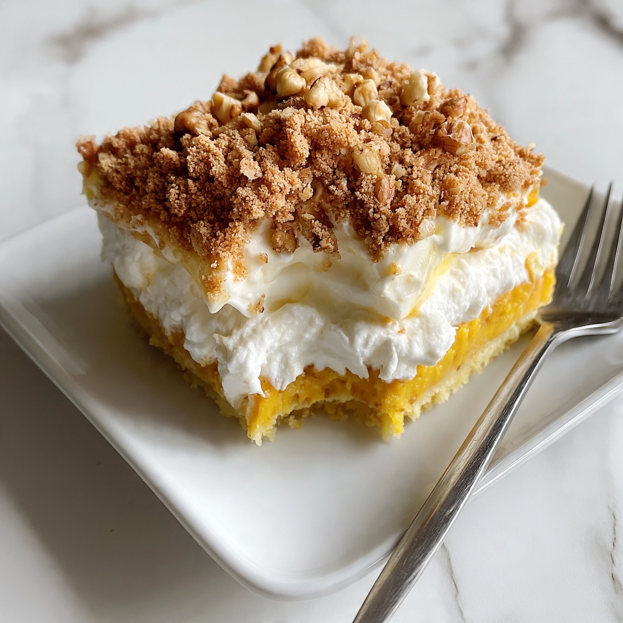 square image The image shows a square piece of pumpkin dessert on a white plate, placed on a white marbled surface. The dessert has three layers: a yellow-orange pumpkin base at the bottom, a middle layer of white whipped cream that is soft and fluffy, and a crumbly brown streusel topping with nut pieces scattered on top. A little of the dessert has been eaten from one corner, showing the thick texture of the pumpkin layer. A silver fork rests beside the dessert on the plate. The scene is well-lit, highlighting the creamy and crumbly textures. Photo taken with an iphone --ar 4:5 --v 7
