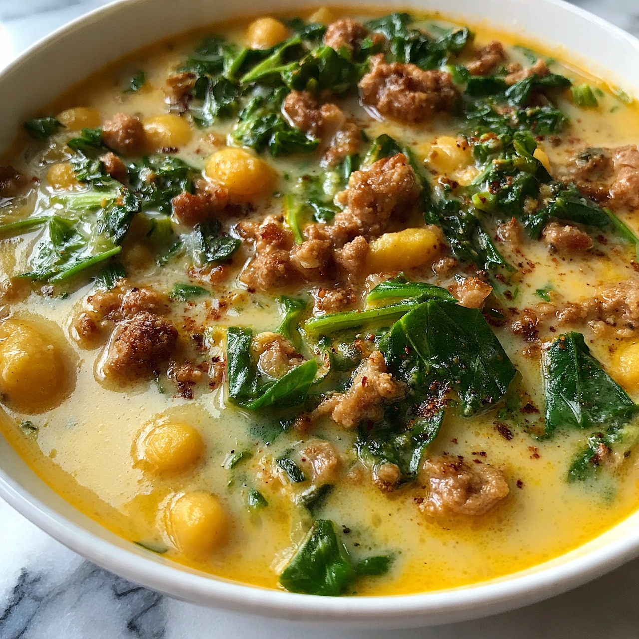 square image The image shows a close-up of a bowl filled with thick soup. The soup has visible layers including soft yellow beans, small pieces of cooked ground meat, and vibrant green leafy vegetables scattered throughout. The broth is creamy and light yellow, with a smooth texture and small bits of spices visible on the surface. The bowl is white and sits on a white marbled surface. The photo looks natural and warm, taken with an iphone --ar 4:5 --v 7