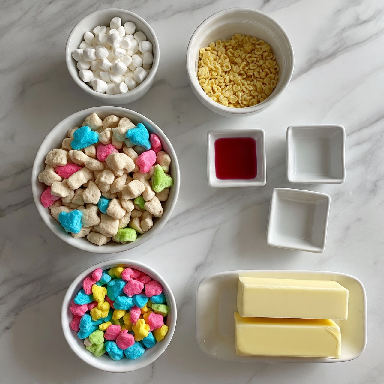 square image The image shows several white bowls and a white rectangular dish arranged on a white marbled surface. The top left bowl is filled with small white marshmallows. To its right, there is a bowl with small yellow cereal flakes. Below these, a larger white bowl is filled with colorful cereal pieces, mostly beige with a few bright blue, pink, and green shapes mixed in. Below this large bowl, there is a smaller white bowl containing bright pastel cereal pieces in pink, blue, green, and yellow. To the right of these bowls, there are two small white square dishes—one filled with a red liquid and the other empty, which sits on the white marbled surface. At the bottom right, a white rectangular dish holds two sticks of pale yellow butter. photo taken with an iphone --ar 4:5 --v 7