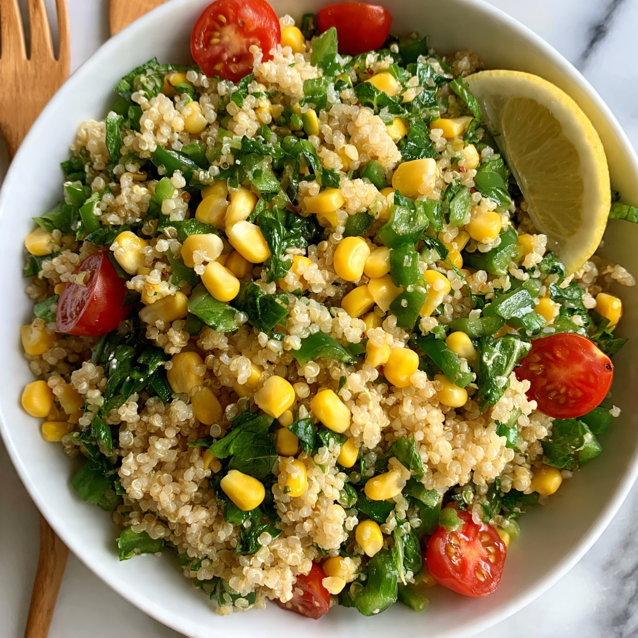 square image A white bowl filled with a colorful quinoa salad placed on a white marbled surface, with wooden utensils nearby. The salad has three main visible layers: the base layer is light beige quinoa grains evenly spread throughout; mixed in are bright yellow corn kernels scattered over the quinoa; fresh green chopped bell peppers and leafy greens are distributed evenly, while red cherry tomato halves add pops of color. One lemon wedge rests on the side of the bowl for garnish. The textures range from fluffy quinoa to crisp vegetables, showing a fresh and healthy dish. Photo taken with an iphone --ar 4:5 --v 7
