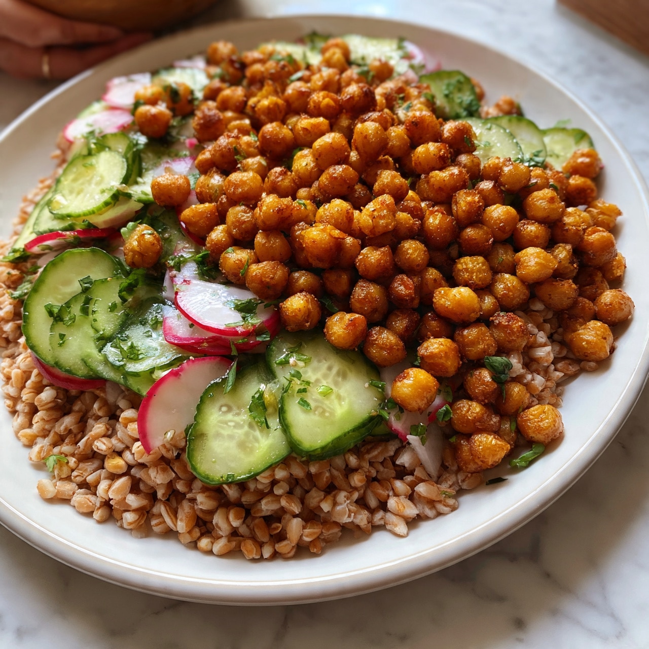 square image A white round plate filled with a colorful salad showing three main layers. The base layer is made of grains that look like light brown cooked farro, evenly spread across the plate. On top of this, thinly sliced green cucumber and red radish pieces are scattered, adding fresh and bright contrast. Over the vegetables, crispy roasted chickpeas are spread evenly, golden brown with a crunchy texture. The salad is lightly sprinkled with small green herbs, likely parsley, for a fresh touch. The white marbled surface is visible around the plate edges, and a small part of a woman's hand is holding a wooden bowl in the background. photo taken with an iphone --ar 4:5 --v 7