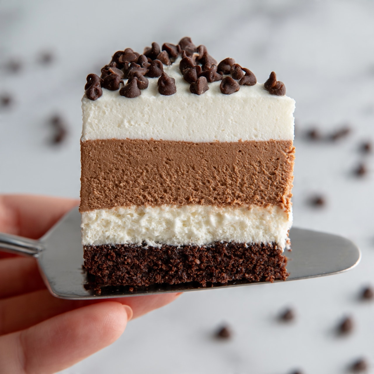 square image The image shows a square slice of a layered dessert held by a woman's hand with a silver serving spatula. The dessert has four clear layers: a dark brown crumbly base at the bottom, followed by a thick white creamy layer, then a smooth medium brown chocolate layer, and topped with a thick white creamy layer decorated with small dark chocolate chips. The background is a white marbled surface scattered with more chocolate chips. photo taken with an iphone --ar 4:5 --v 7