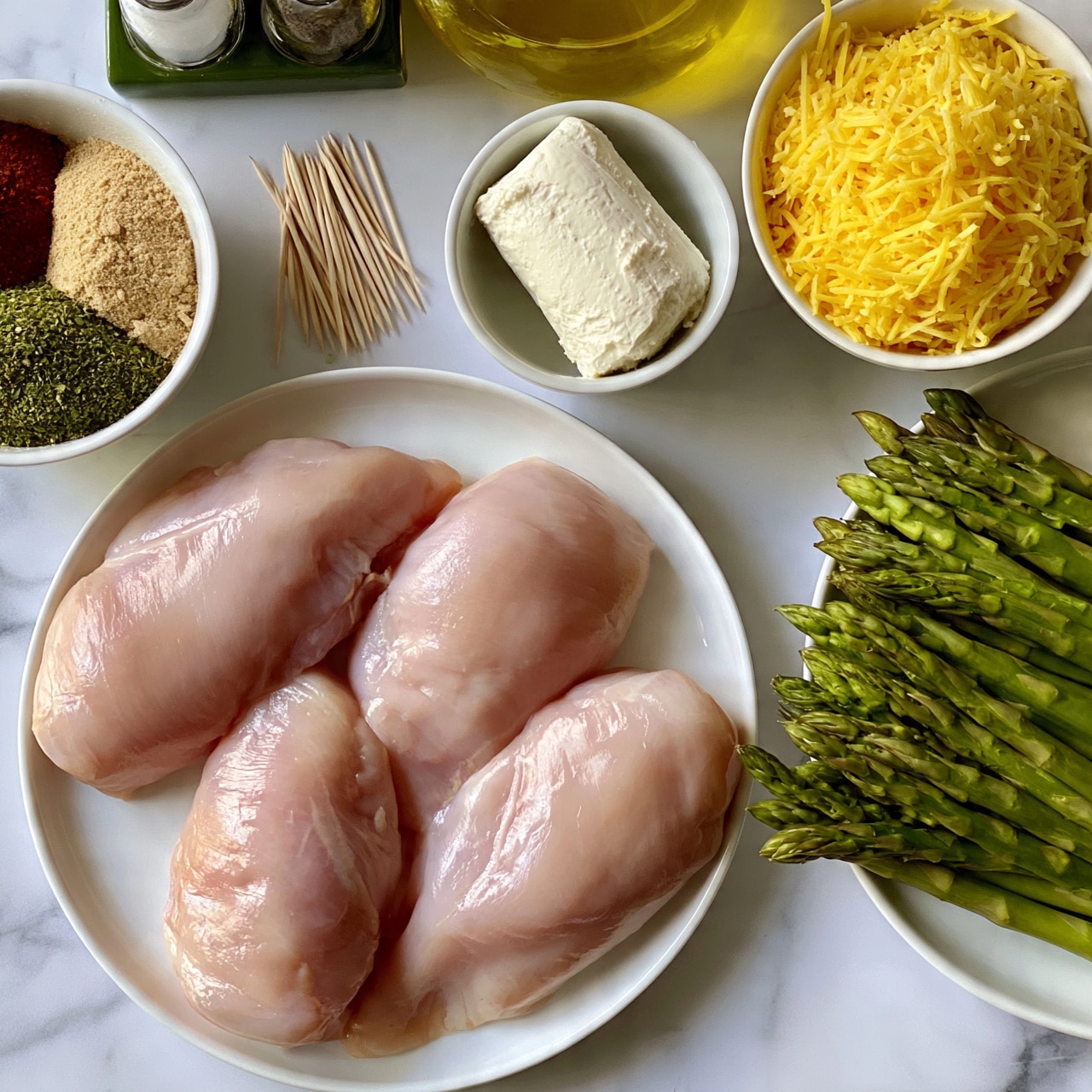 square image The image shows a white plate with four raw chicken pieces placed in one layer, light pink in color with smooth texture. To the right of the plate, a bunch of fresh green asparagus spears are neatly stacked on a white plate. Above the chicken, there is a small white bowl with cream cheese roll, smooth and white. Next to it is a white bowl filled with shredded cheese, yellow and finely shredded. Above these bowls, an olive oil bottle is partially visible. On the left side, a small white bowl contains three piles of spices: one red, one light brown, and one green herb, arranged in separate sections. Nearby, there are toothpicks spread out in a small bunch and two shakers with salt and pepper in a green holder. All these items rest on a white marbled surface. Photo taken with an iphone --ar 4:5 --v 7