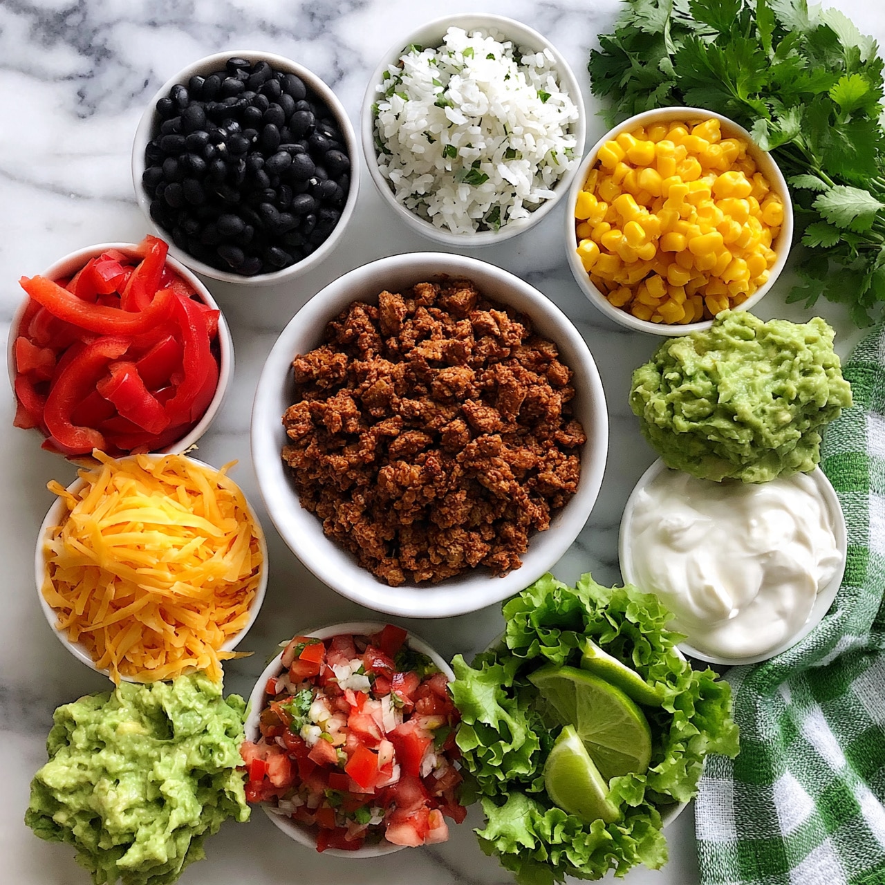 square image The image shows a variety of colorful food items arranged in small white bowls on a white marbled surface. At the center is a bowl filled with browned textured protein, surrounded by other bowls containing black beans, white rice with herbs, sliced red bell peppers, shredded cheese, bright yellow corn, creamy guacamole, white sour cream, fresh salsa made from diced tomatoes and onions, and a bowl of green lettuce with lime wedges. Fresh green cilantro leaves and a green and white checkered cloth are placed on the right side, adding contrast to the layout. The whole setup is bright and inviting. photo taken with an iphone --ar 4:5 --v 7