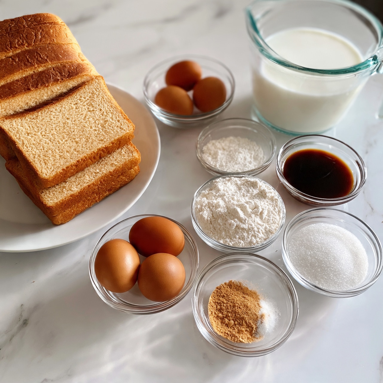 square image The image shows several slices of light brown bread with a soft texture arranged in two layers on a white plate, placed to the left. Nearby, seven small glass bowls and a glass measuring cup with ingredients are spread on a white marbled surface; one bowl contains three brown eggs, another has white flour with a powdery look, a third holds a dark brown liquid, a fourth has a small amount of light brown powder, a fifth bowl contains white granulated sugar, and a sixth has a tiny amount of white salt. The glass measuring cup contains white milk visible through the clear material. The scene is well-lit and neatly arranged. photo taken with an iphone --ar 4:5 --v 7