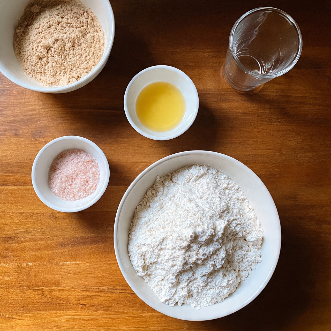 square image The image shows a top-down view of several small white bowls and a clear glass measuring cup arranged on a warm brown wooden surface. In the center at the bottom, there is a large white bowl filled with white flour. To its left, a smaller white bowl holds pink salt, while above it another white bowl contains a yellow liquid, likely oil. At the top left, there is a white bowl with a light brown powder, possibly yeast or sugar. The glass measuring cup is empty and positioned at the top right, next to the small bowls. The overall setup looks clean and organized. Photo taken with an iphone --ar 4:5 --v 7