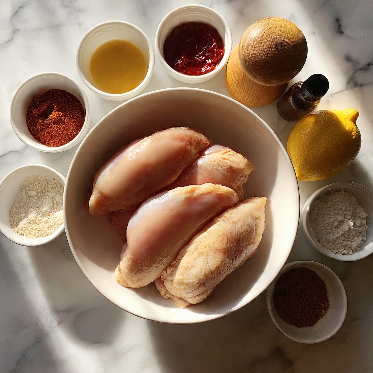 square image The image shows a white bowl filled with four raw chicken fillets, arranged on a white marbled surface. Around the bowl, there are small white bowls and containers holding different spices and sauces: one with a reddish powder, one with a yellowish sauce, one with a dark red paste, and others with white and brown powders. There are also two round wooden spice shakers, a whole lemon, and a small bottle of dark liquid placed near the bowls. The colors are natural and warm, with the chicken pale pink, the spices in shades of red, yellow, white, and brown, and the white bowls contrasting with the white marbled background. The photo taken with an iphone --ar 4:5 --v 7