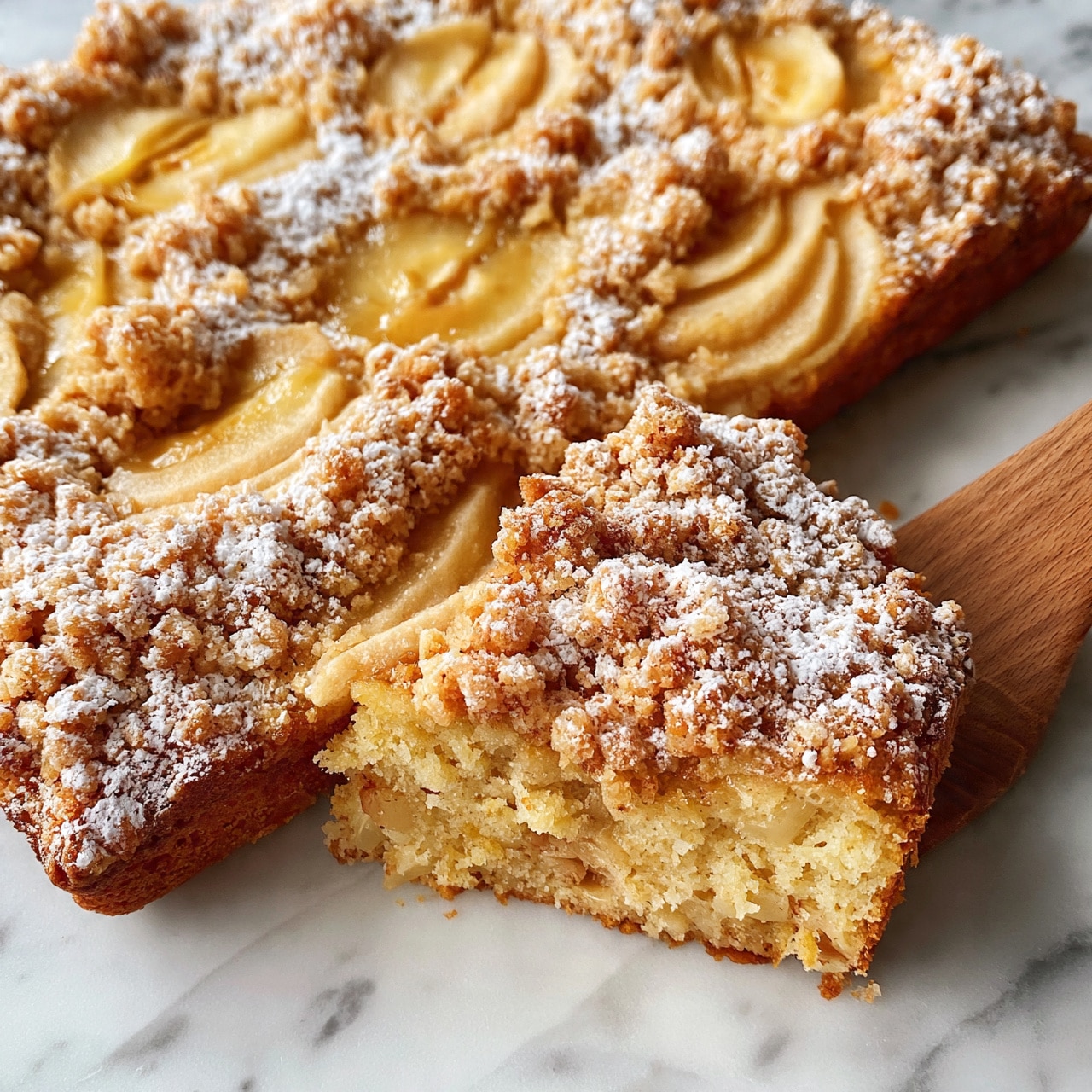 square image The image shows a square apple crumb cake with a golden-brown crumb topping and slices of cooked apple pieces spread evenly across the top. The crumb topping looks crunchy and crumbly with a light brown color and there is a dusting of powdered sugar over the cake. A wooden spatula is pulling out one piece from the corner, revealing the soft, moist cake underneath with visible apple chunks embedded inside. The cake sits on a white marbled surface. photo taken with an iphone --ar 4:5 --v 7