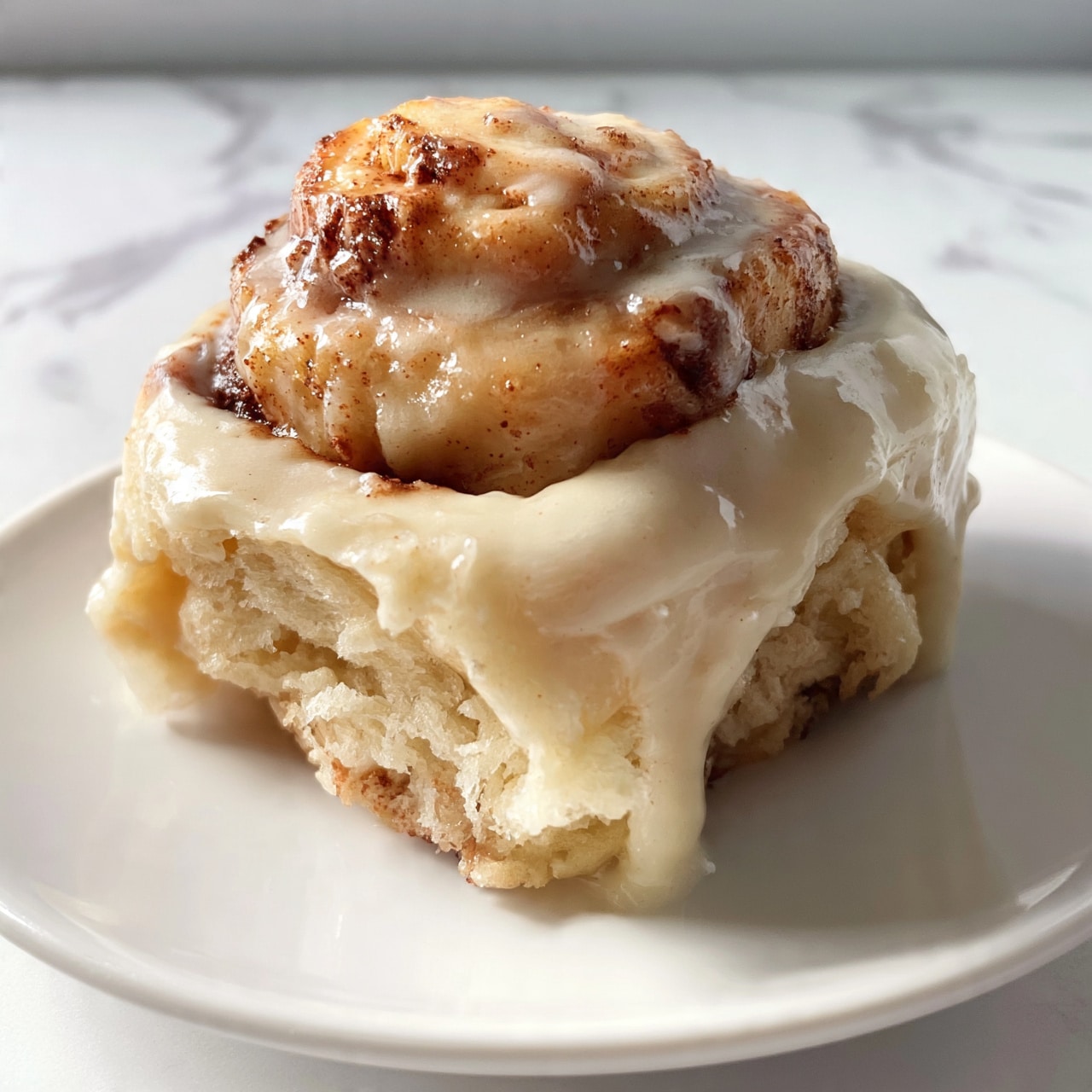 square image A single cinnamon roll sits on a plain white plate on a white marbled surface. The cinnamon roll has multiple layers visible, with a light golden-brown inside stacked in soft spirals. The outer layer is covered with thick, creamy icing in a pale off-white color, which drips slightly down the sides. The texture of the roll looks soft and fluffy with some specks of cinnamon on top and inside. The lighting highlights the moist look of the icing and the warm tone of the dough. photo taken with an iphone --ar 4:5 --v 7