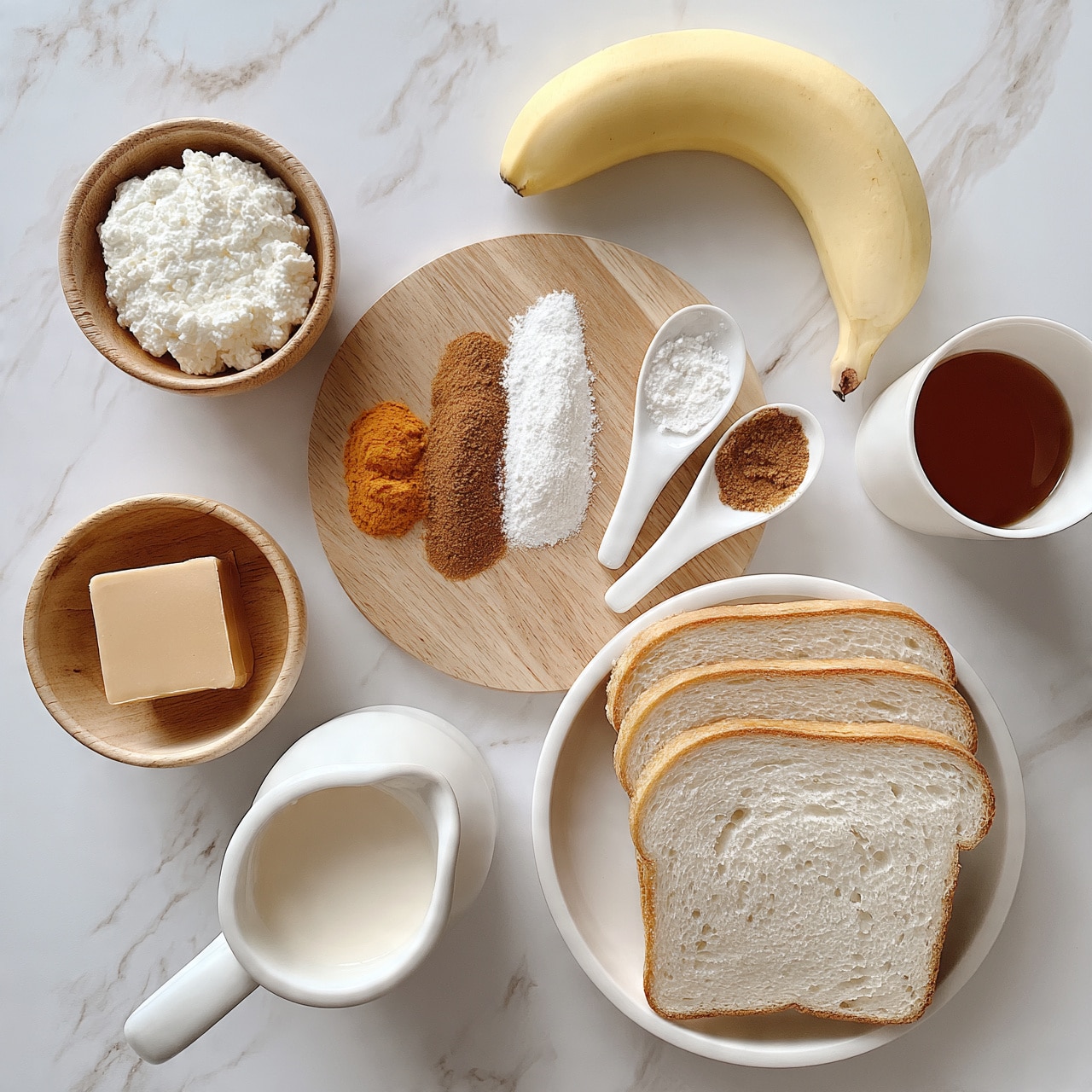 square image The image shows ingredients for baking arranged neatly on a white marbled surface. There are three slices of white bread stacked slightly overlapping on a round white bowl at the bottom right. To the top right, there is a peeled banana curved in shape. On the top left, a small wooden bowl holds white cottage cheese, and below it, a small wooden bowl contains a light brown square of butter. In the center, a round wooden board holds small portions of orange, brown, and white powders placed beside each other. Next to the board, two white ceramic spoons hold white and brown powders. On the right side, there is a white cup with a brown liquid, likely honey or syrup. A white jug with creamy liquid sits near the bread. The layout is bright and clean, showing all ingredients well separated and easy to see photo taken with an iphone --ar 4:5 --v 7