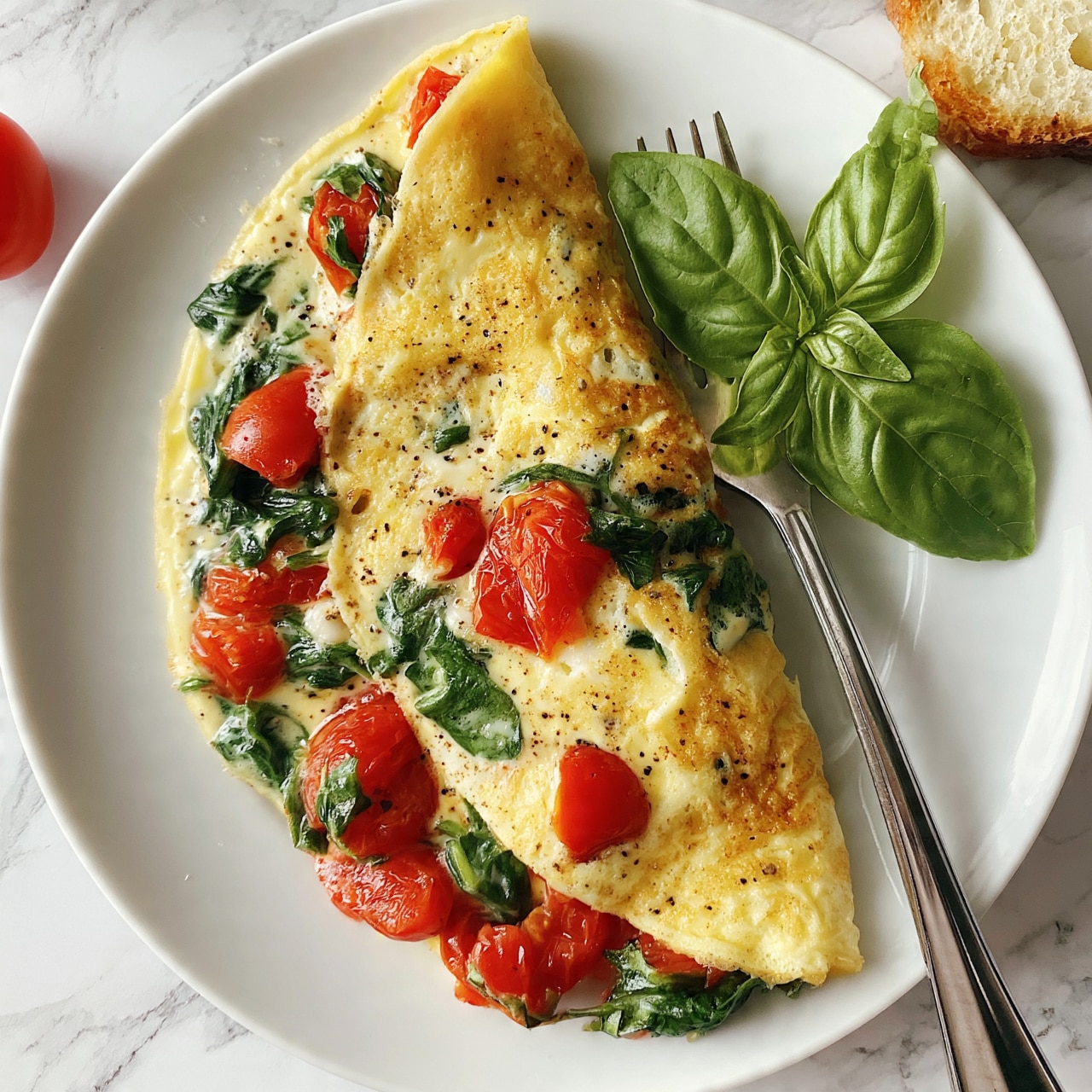 square image A white plate holds a folded omelette with two visible layers: the outer layer is a light golden-yellow cooked egg with speckles, and inside, there are bright red cherry tomato pieces and fresh green spinach leaves scattered throughout, giving a colorful mix of textures. Beside the omelette, there are fresh green basil leaves for garnish. A silver fork lies under the omelette on the plate. The plate rests on a white marbled surface, with a piece of toasted bread partly visible at the top right and a single cherry tomato at the top left. Photo taken with an iphone --ar 4:5 --v 7