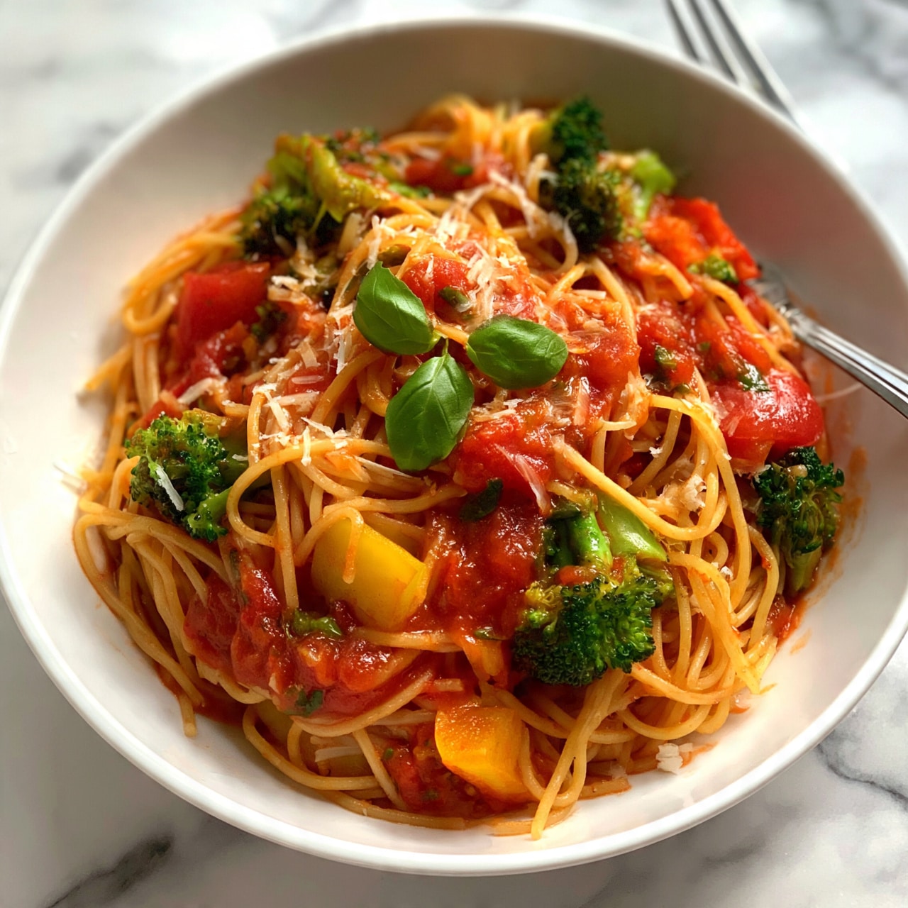 square image A white bowl holds a serving of spaghetti mixed with a chunky red tomato sauce that includes green pieces of broccoli and red and yellow bell pepper chunks. The pasta is well coated with the sauce and has small shreds of white cheese sprinkled on top. Three small green basil leaves are placed on the pasta for garnish. The bowl is set on a white marbled surface with a silver fork visible to the right side of the image. photo taken with an iphone --ar 4:5 --v 7