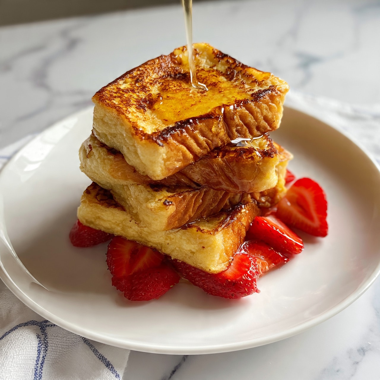 square image The image shows a white plate with four thick, golden-brown pieces of French toast stacked in the center. The French toast has a slightly crispy texture with visible light to darker brown creases. Around the base of the stack, there are fresh, sliced strawberries adding a bright red color. A stream of honey or syrup is being poured from above, creating a shiny golden layer flowing over the toast. The plate is placed on a white marbled surface with a white cloth featuring thin blue stripes partly visible under the plate. Photo taken with an iphone --ar 4:5 --v 7