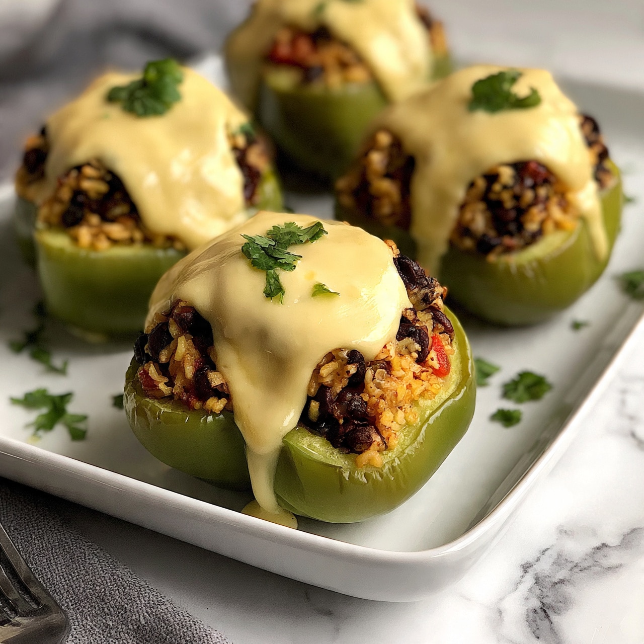 square image The image shows four stuffed green bell peppers on a white rectangular plate placed on a white marbled surface. Each pepper is filled with a mix of rice, black beans, and small bits of red tomato, forming a colorful textured layer inside the pepper. On top of the filling, there is a creamy melted layer of light yellow cheese dripping slightly down the sides of the peppers. Small green cilantro leaves are scattered on top of the cheese and around the plate for garnish. A grey cloth and a fork are partially visible on the lower left side of the image. photo taken with an iphone --ar 4:5 --v 7
