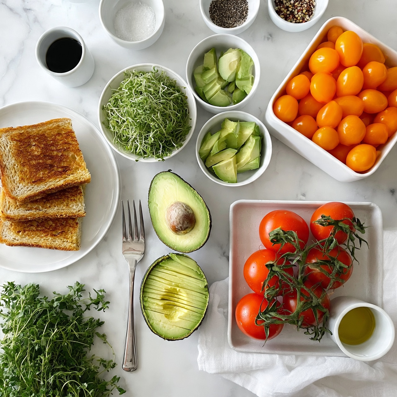 square imageThe image shows fresh ingredients arranged on a white marbled surface. On the left, three toasted sandwich slices sit on a white plate. Near the center, there is an avocado cut in half with the seed in one half and the empty half sliced, next to a fork. Above them, a white bowl holds green sprouts, and beside that, another white bowl contains sliced avocado pieces. To the top left, there is a small white cup filled with a black liquid, and other small white bowls hold salt, pepper, and mixed seeds. On the right side, a white container holds bright orange cherry tomatoes, while a square tray below holds red tomatoes still on their vine, resting on a white cloth next to a small white cup of oil. A bunch of fresh green herbs is in the bottom left corner. The arrangement is neat and colorful, showing fresh, raw ingredients. photo taken with an iphone --ar 4:5 --v 7