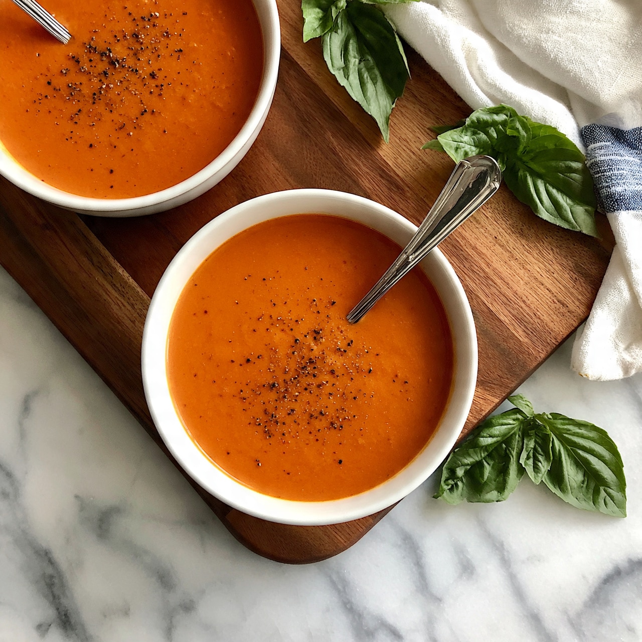 square image Two white bowls filled with smooth orange tomato soup sprinkled lightly with black pepper. Each bowl has a silver spoon inside. The bowls sit on a brown wooden board next to a white cloth with a blue stripe and a few fresh green basil leaves scattered around. The surface below is white marble with soft gray veins. Photo taken with an iphone --ar 4:5 --v 7