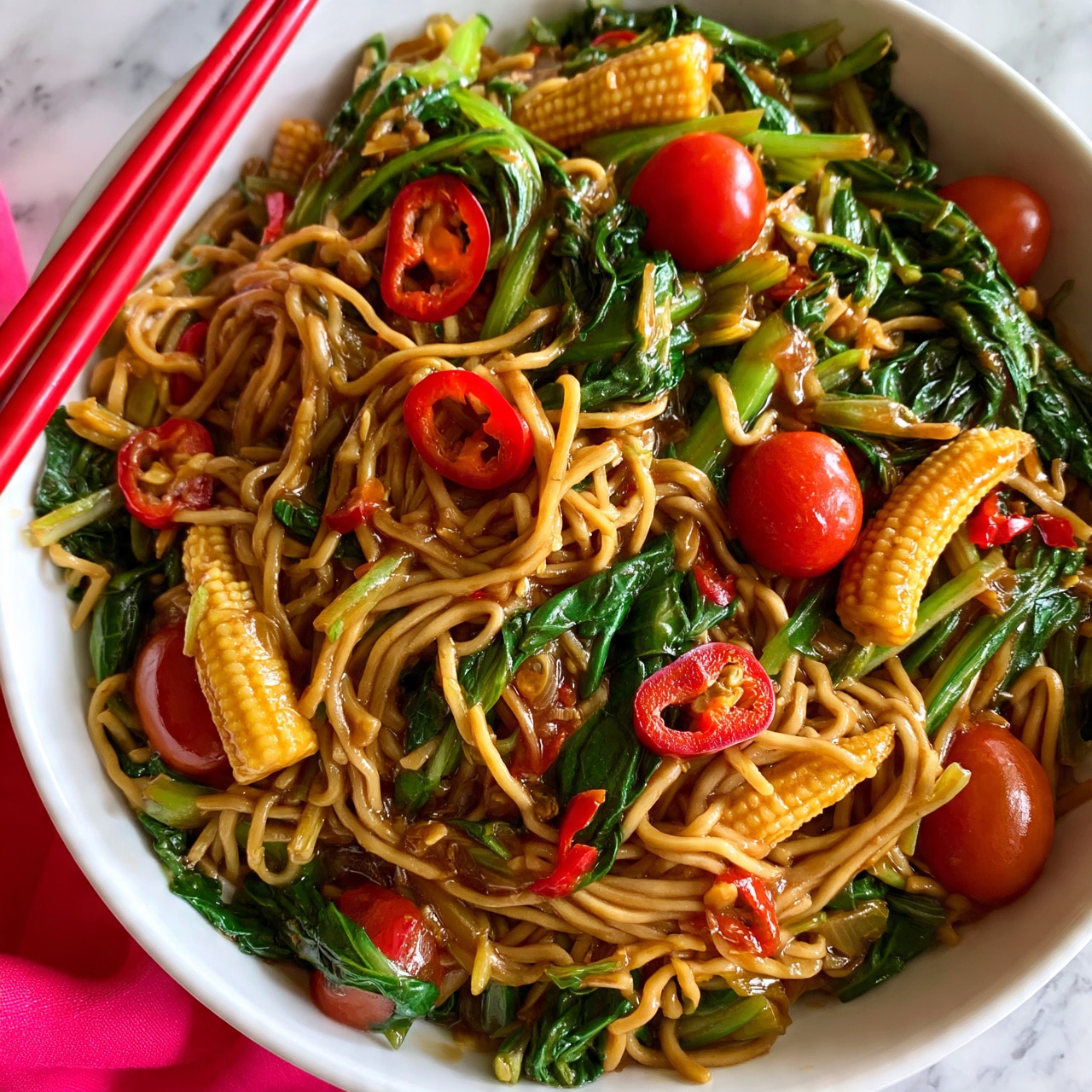 square image A white bowl filled with colorful stir-fry noodles layered with bright green leafy vegetables, red chili slices, baby corn, and cherry tomatoes, all covered in a glossy brown sauce. The noodles have a slightly twisted texture and are mixed evenly with the vegetables. Red chopsticks rest on the side of the bowl, placed on a white marbled surface with a bright pink cloth partially visible nearby, photo taken with an iphone --ar 4:5 --v 7